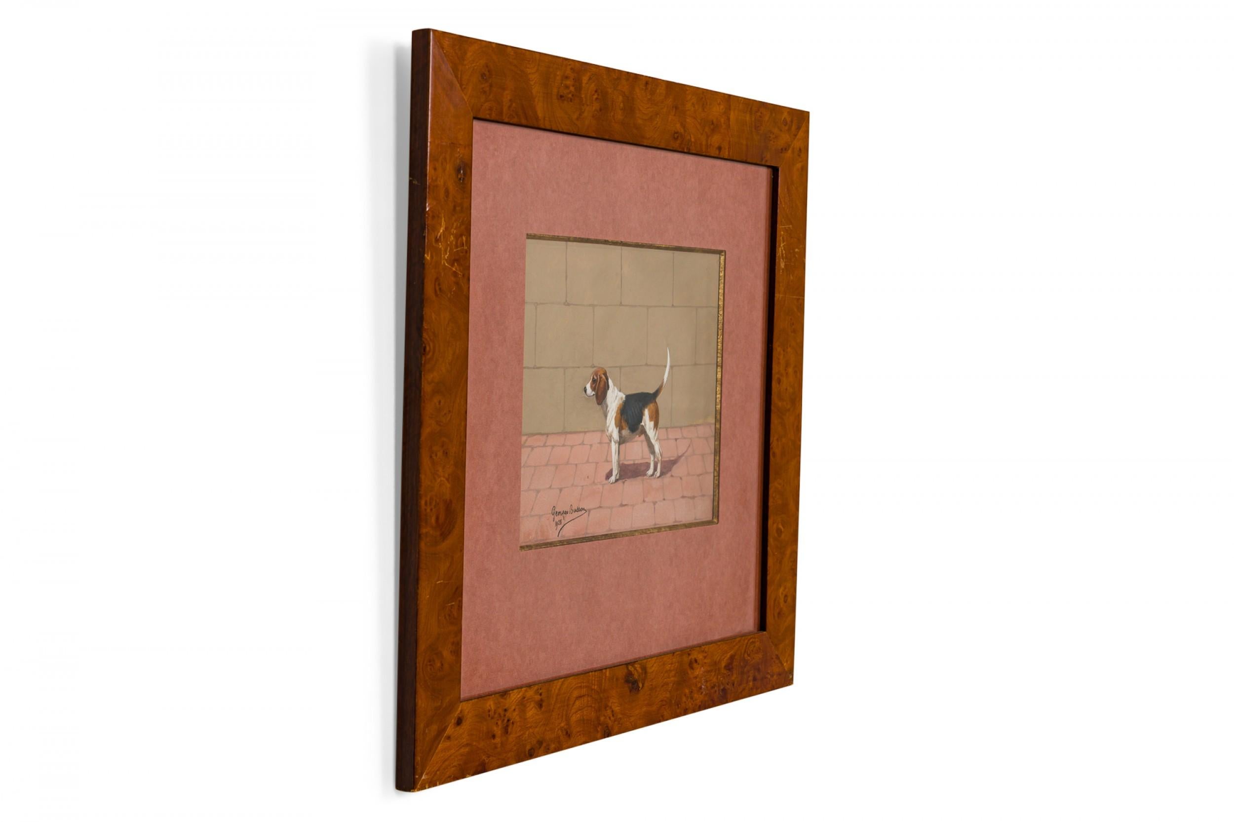 Aquarelle Art déco de Georges Busson représentant un petit chien aigle dans un cadre en bois de ronce Bon état - En vente à Queens, NY