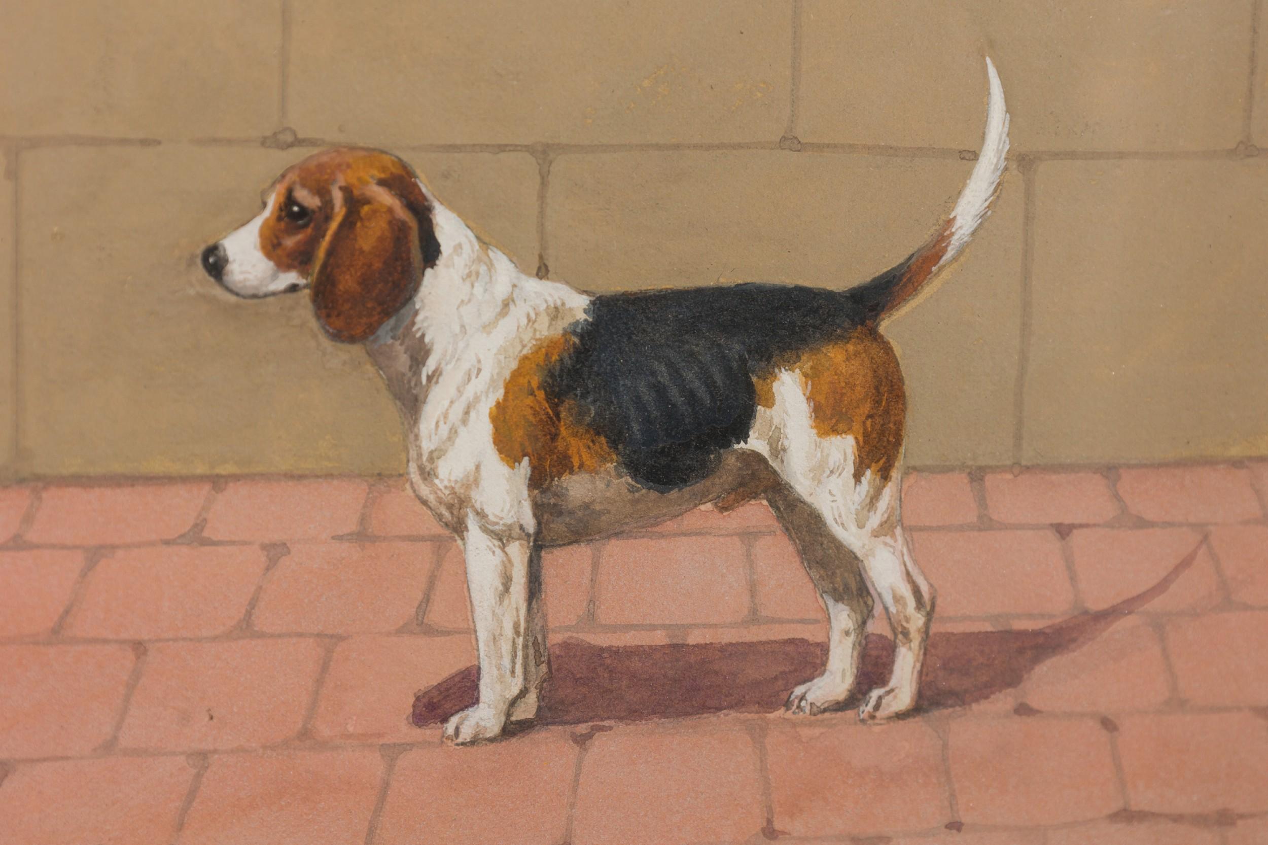Peinture Aquarelle Art déco de Georges Busson représentant un petit chien aigle dans un cadre en bois de ronce en vente