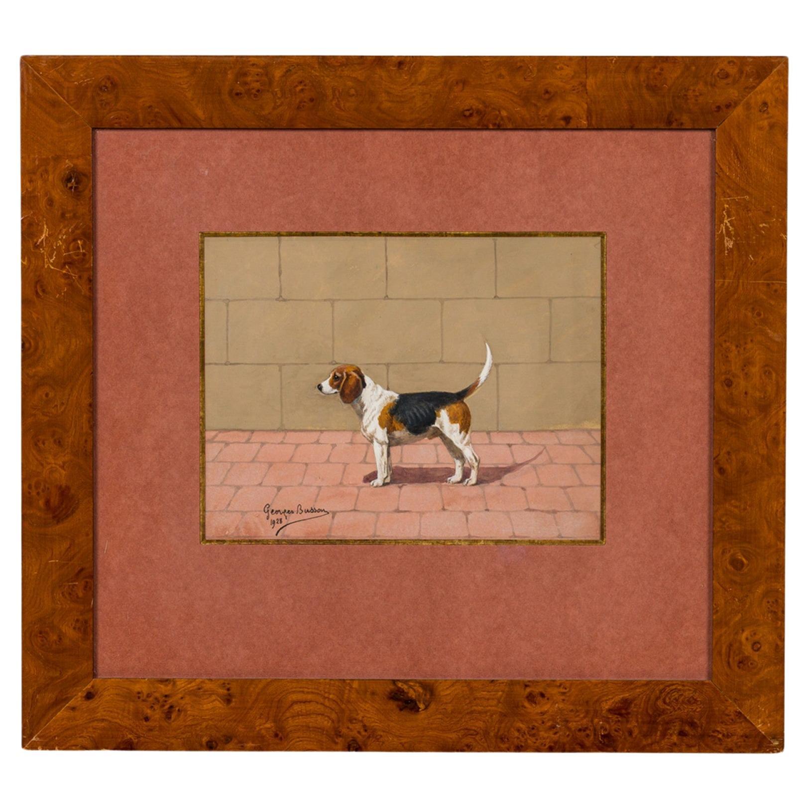 Georges Busson Art Decó Pequeño Perro Beagle Acuarela en un Marco de Madera de Burl