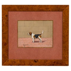 Aquarelle Art déco de Georges Busson représentant un petit chien aigle dans un cadre en bois de ronce