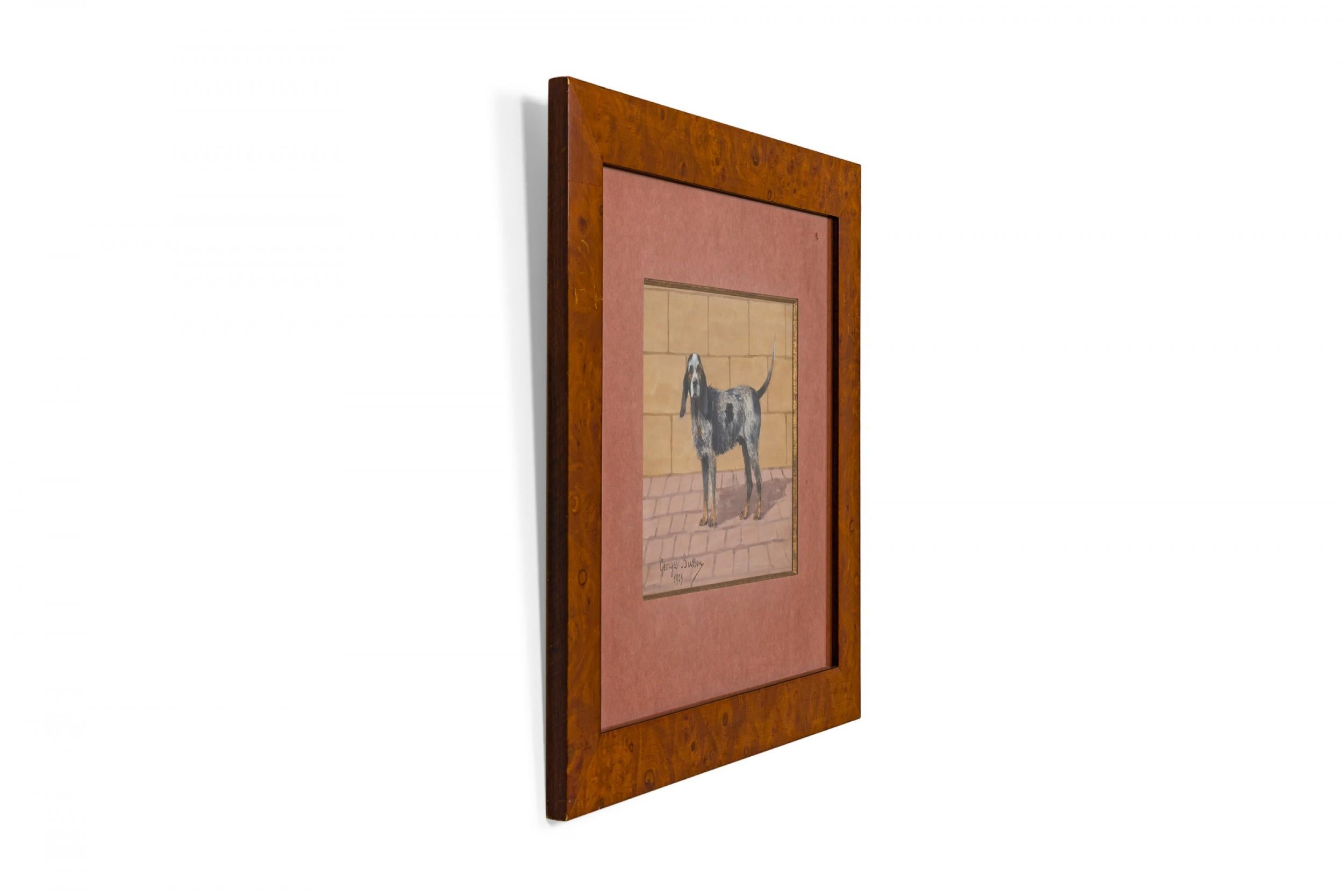 Georges Busson Art Decó Perro Spaniel de Pelo de Alambre Acuarela en un Marco de Madera de Burl Francés en venta