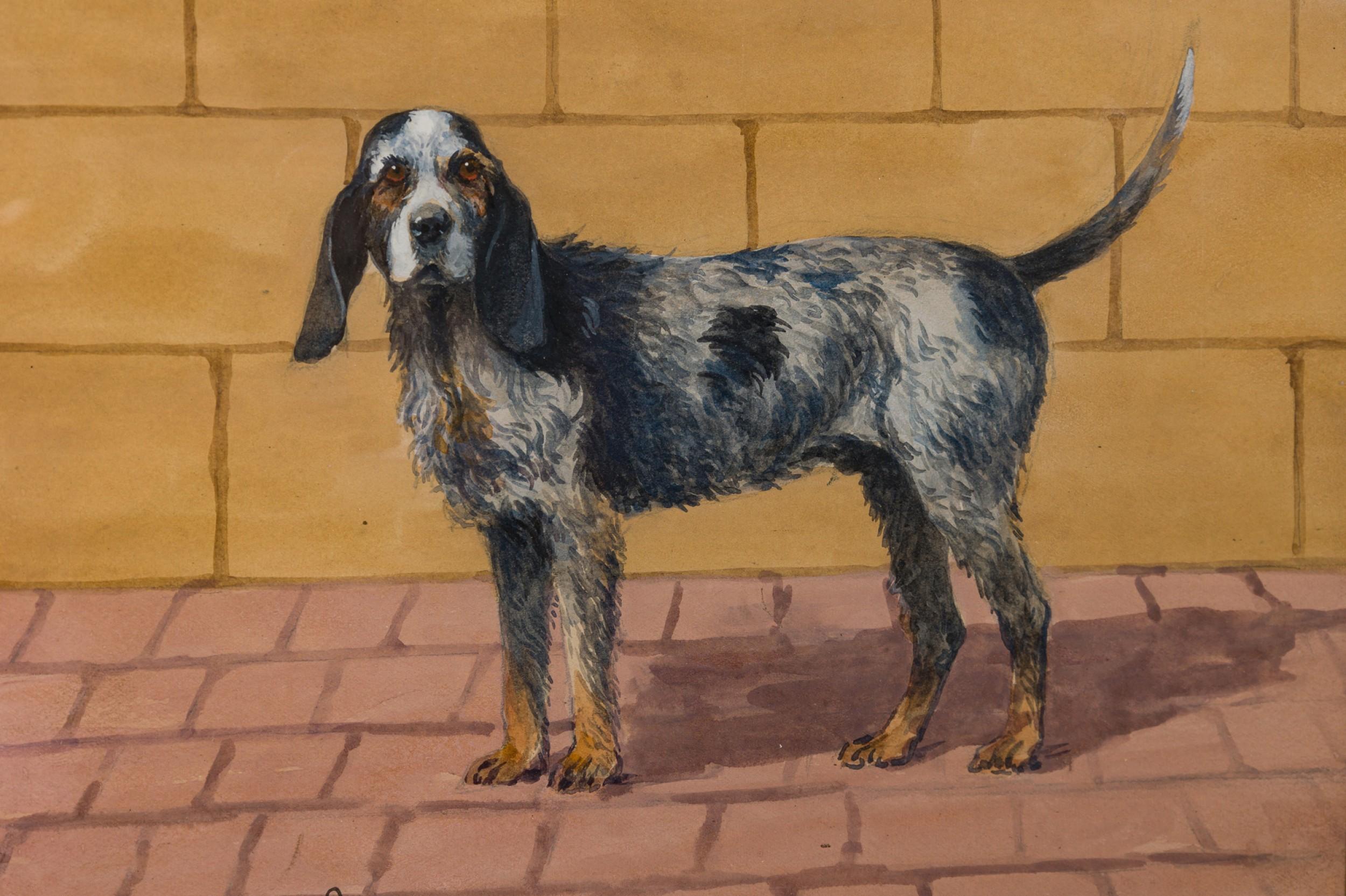 Georges Busson Art Decó Perro Spaniel de Pelo de Alambre Acuarela en un Marco de Madera de Burl siglo XX en venta