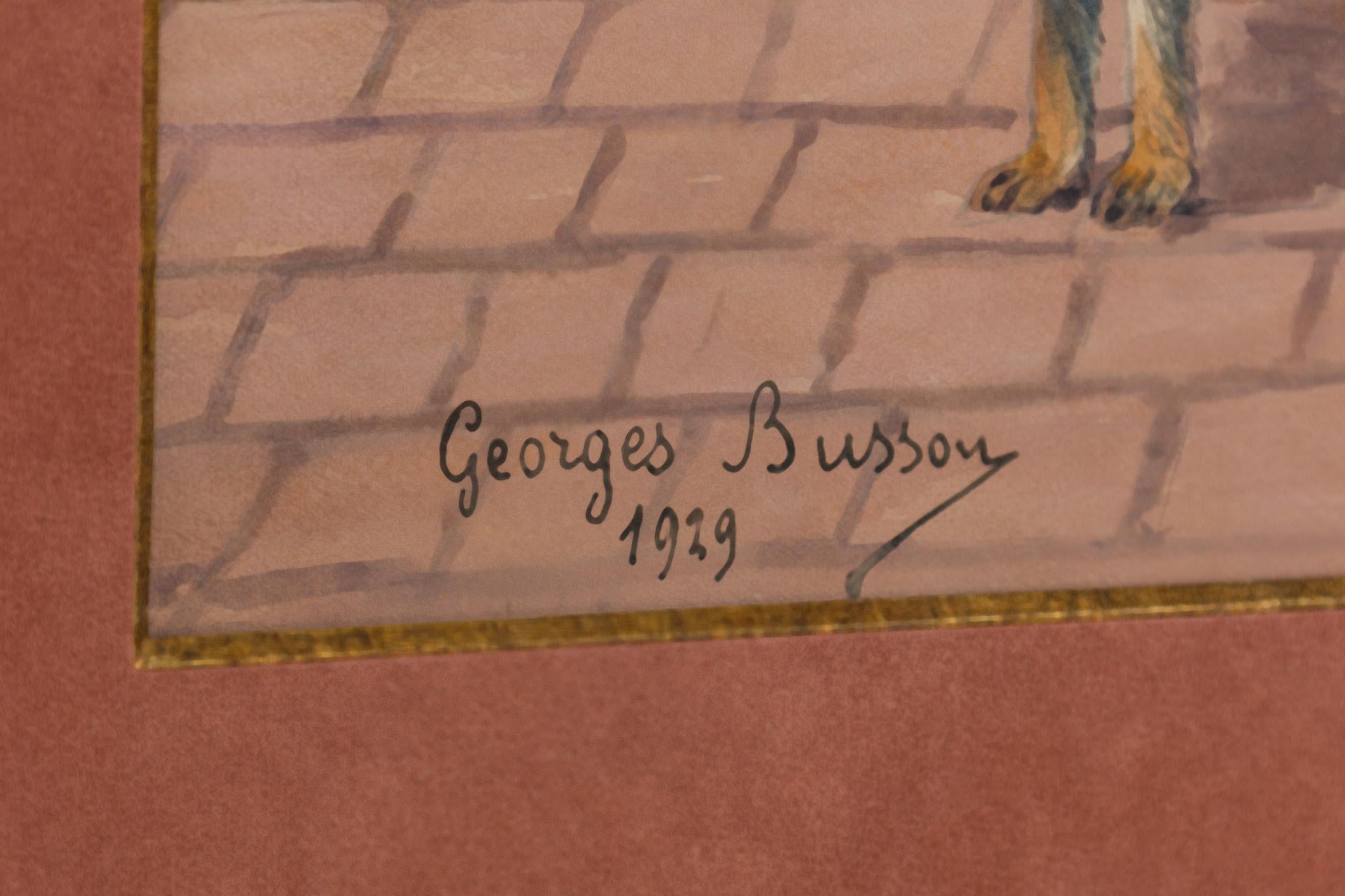 Georges Busson Art Decó Perro Spaniel de Pelo de Alambre Acuarela en un Marco de Madera de Burl Pintura en venta