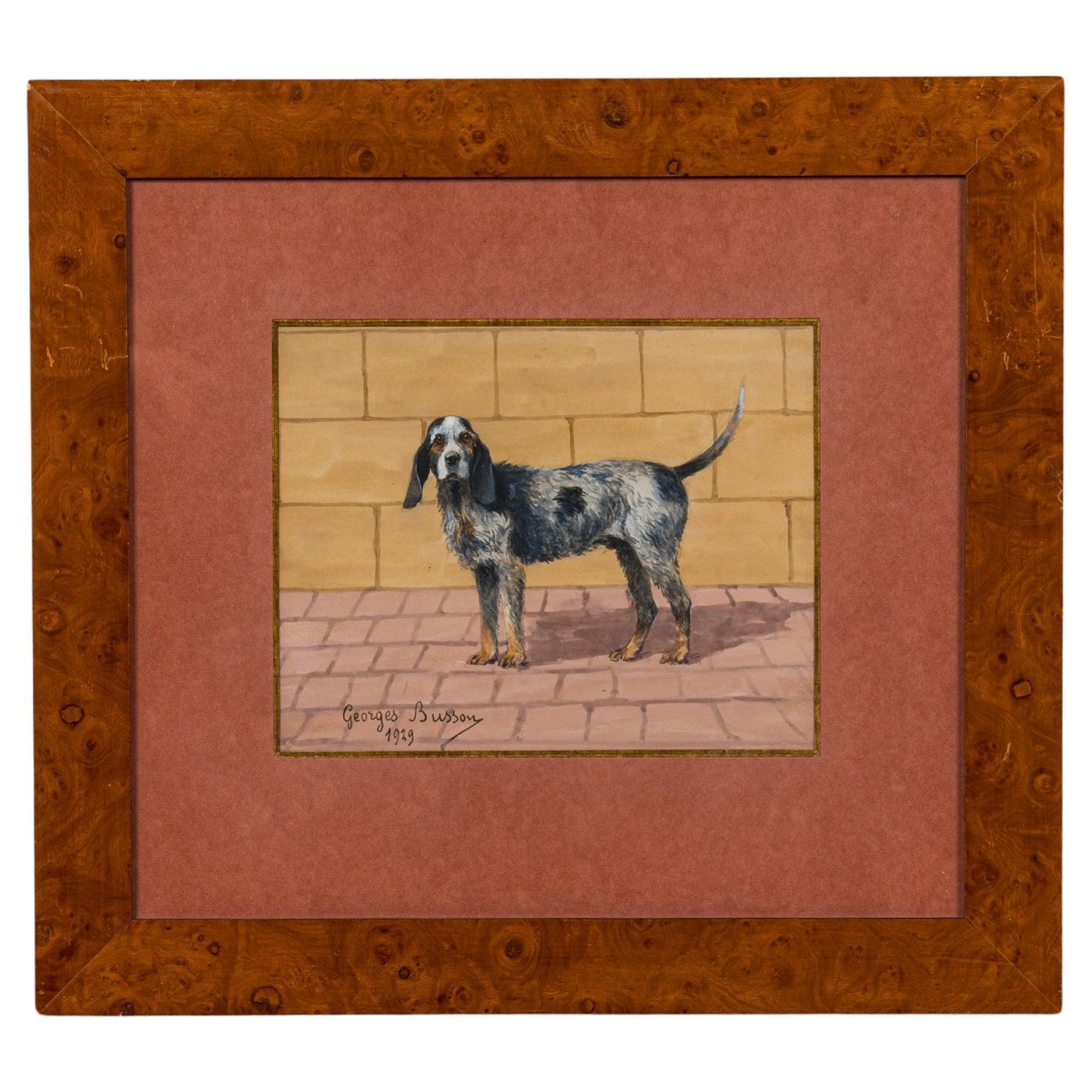 Georges Busson Art Decó Perro Spaniel de Pelo de Alambre Acuarela en un Marco de Madera de Burl