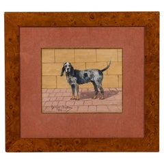 Aquarelle Art Déco de Georges Busson, chien d'épagneul aux cheveux de fil métallique dans un cadre en bois de ronce