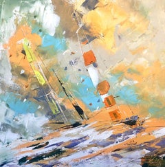 Au Pré - Boats In The Ocean - Abstract Oceanscape Painting by GECA