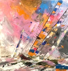 Jour De Tempête - Boats In The Ocean - Abstract Oceanscape Painting by GECA
