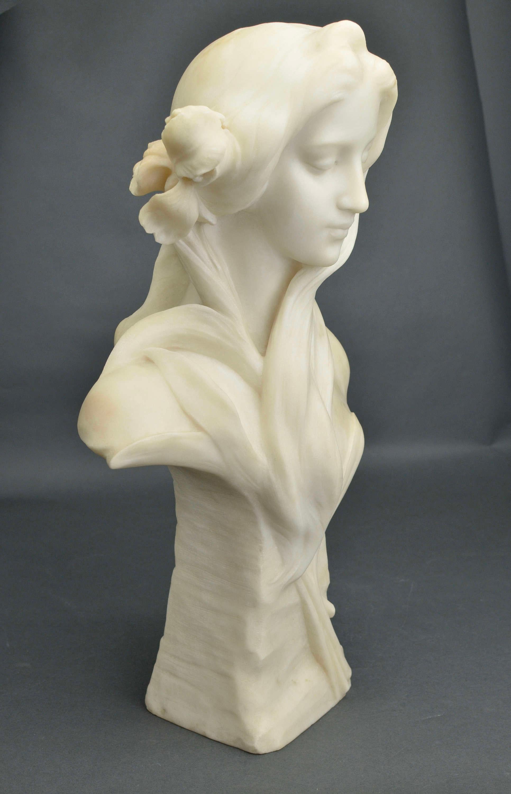 Georges Charles Coudray Abstract Sculpture - Irises in Hair. Carrara marble bust by Georges C. Coudray. Signed.