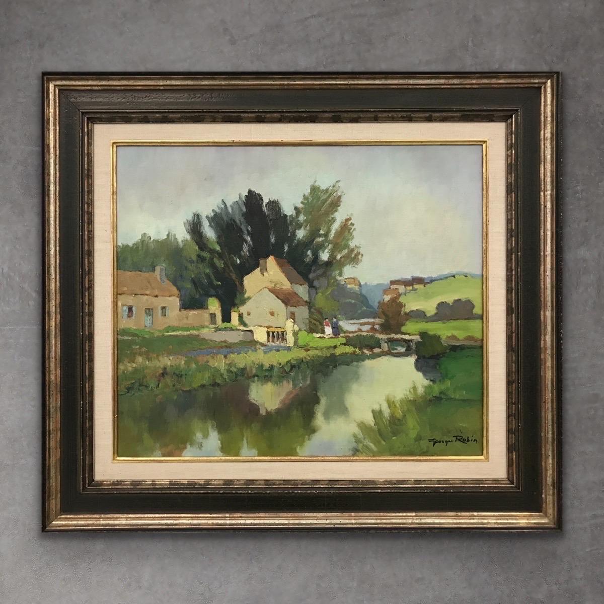 Impressionistische Flusslandschaft des 20. Jahrhunderts, Ölgemälde des französischen Künstlers der Moderne (Schwarz), Landscape Painting, von Georges Charles Robin