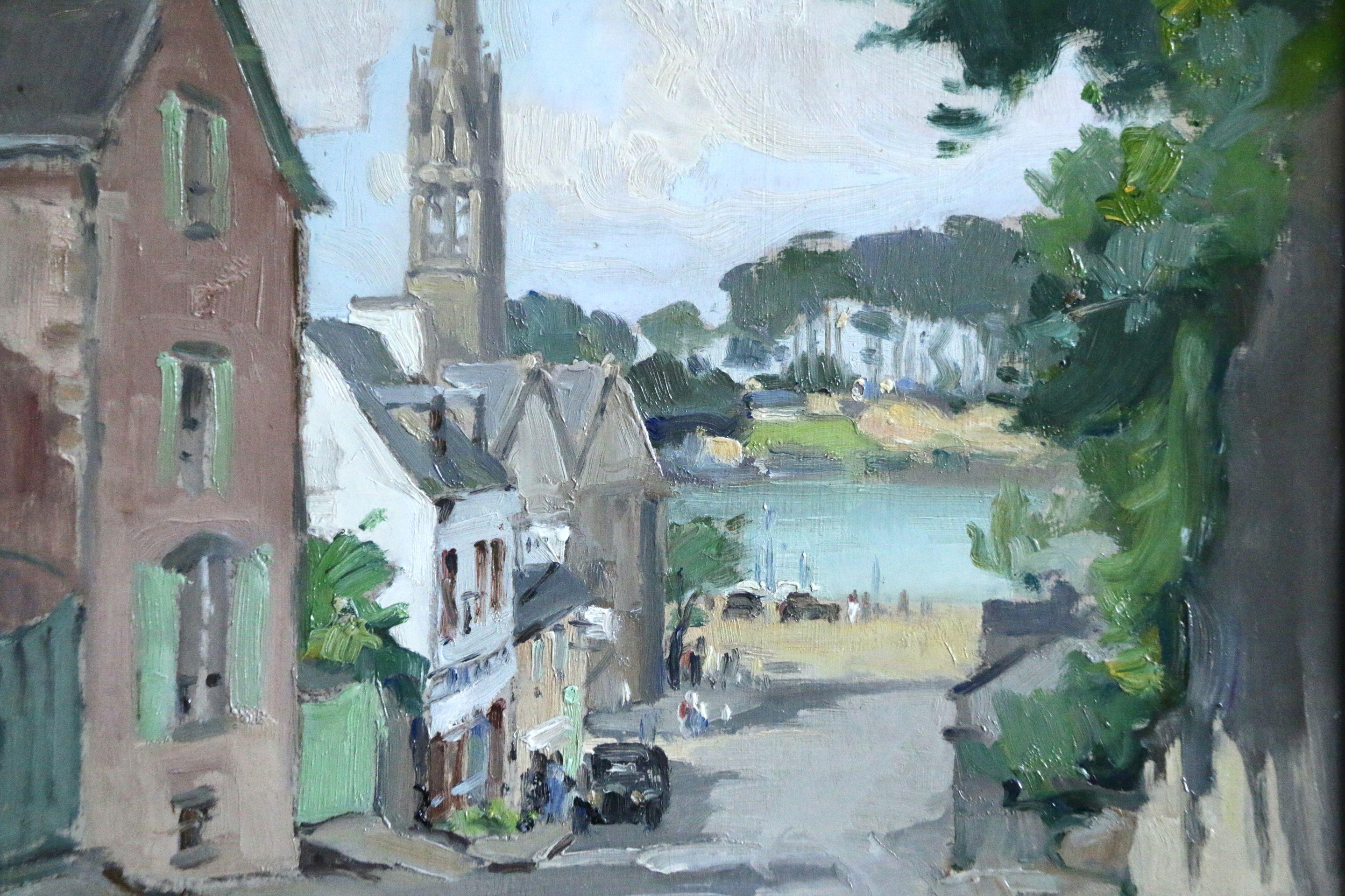 Benodet - Brittany - 20th Century Oil, River in Town Landscape by G C Robin - Painting by Georges Charles Robin