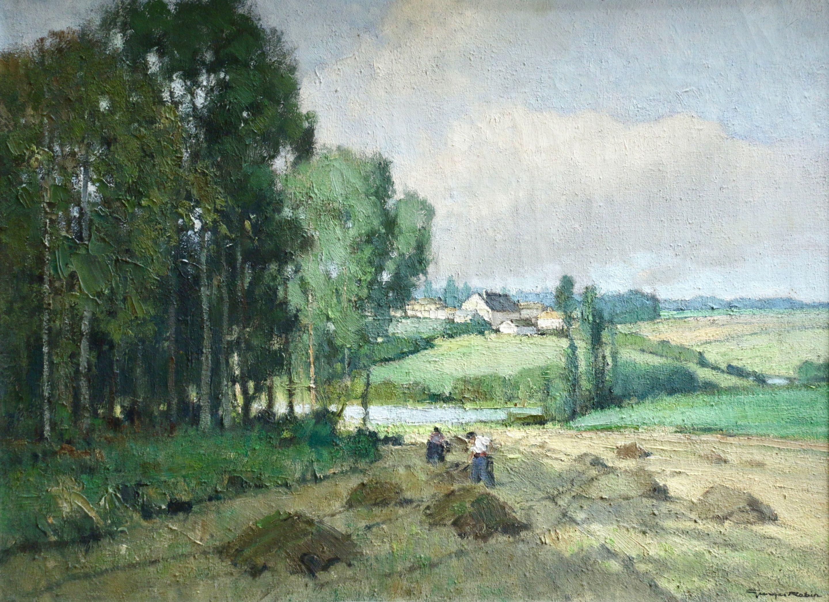 Harvesting - 20th Century Oil, Figures & Haystacks in Landscape by Georges Robin - Painting by Georges Charles Robin