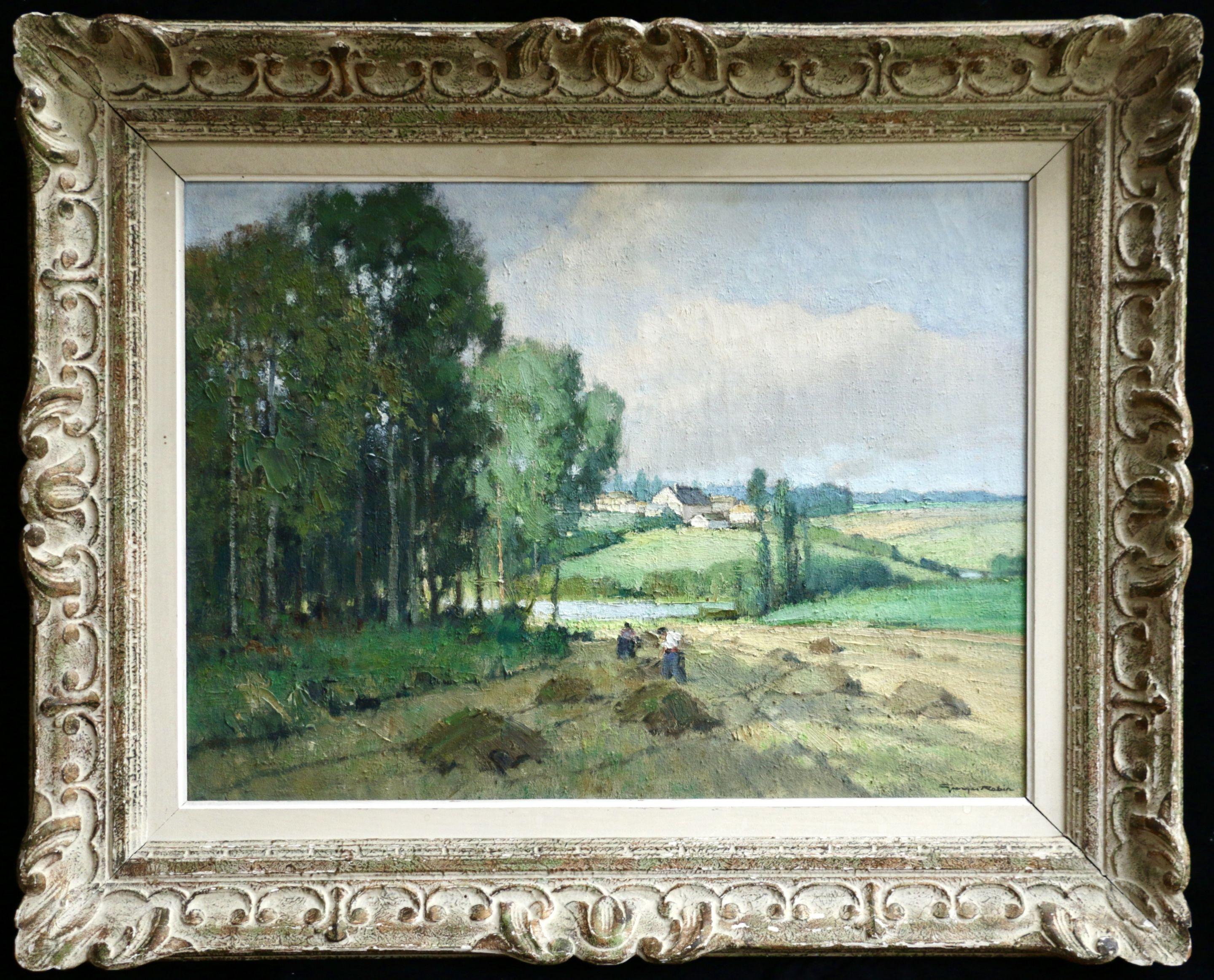 Georges Charles Robin Landscape Painting - Harvesting - 20th Century Oil, Figures & Haystacks in Landscape by Georges Robin