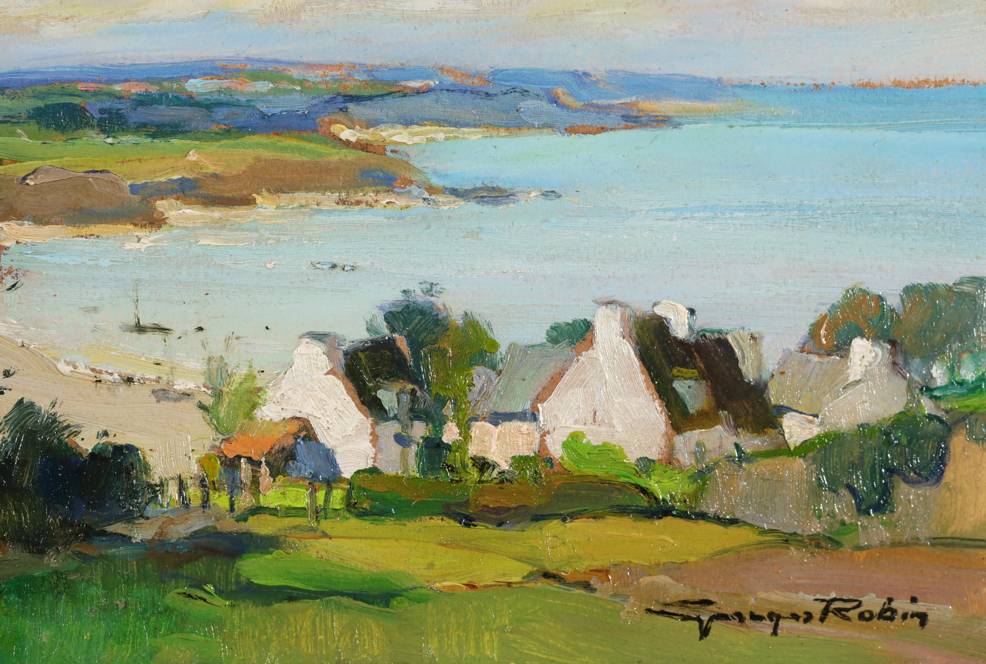 Signed oil on board landscape circa 1950 by French Post Impressionist painter Georges Charles Robin. The work depicts a view of Yffiniac Bay in Saint-Brieuc in the Brittany region of France. The white houses of the town sit beside the golden, sandy