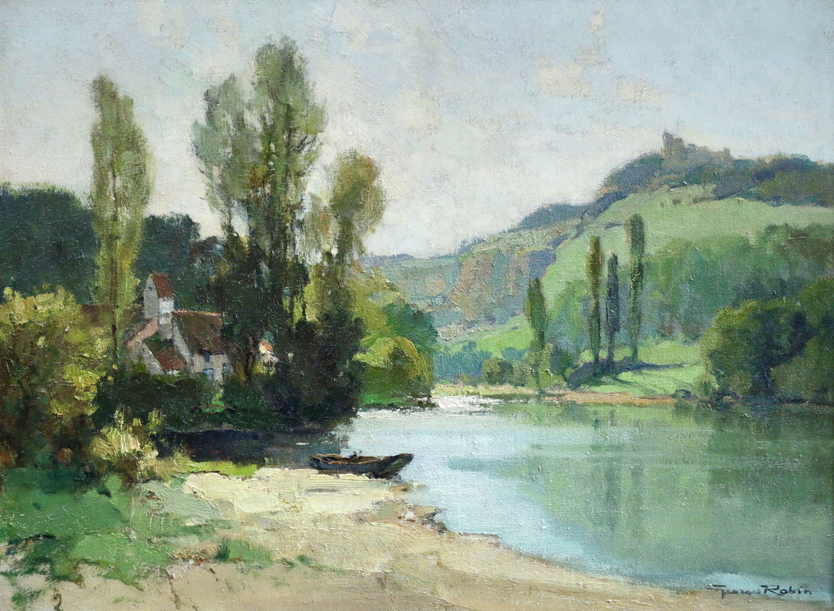 Georges Charles Robin Landscape Painting - La Dordoge a Taillefer - 20th Century, Cottage in Riverscape Landscape by Robin 