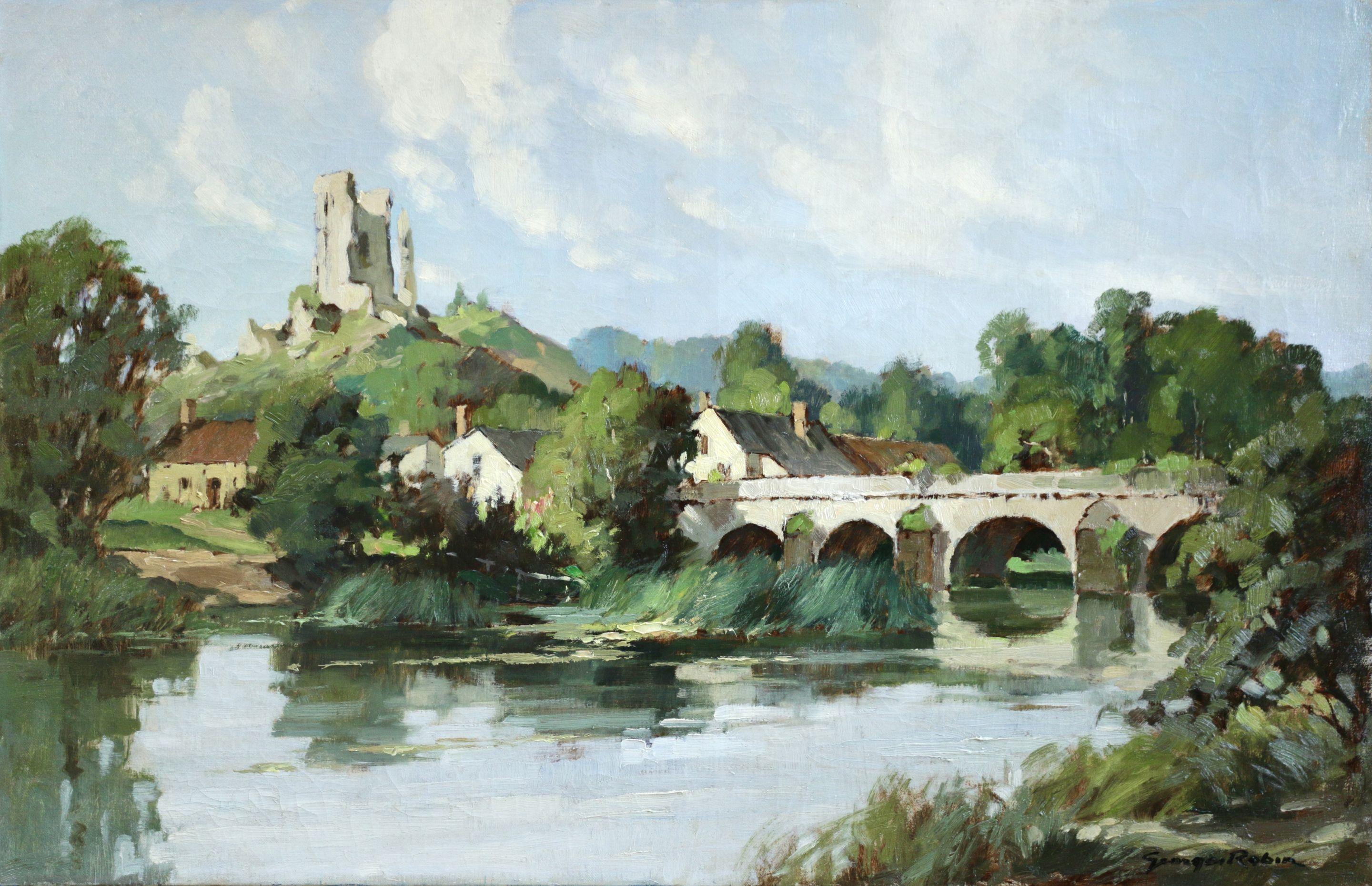 Georges Charles Robin Landscape Painting - Lavardin, Loir-et-Cher - 20th Century Oil, French Village Riverscape by Robin