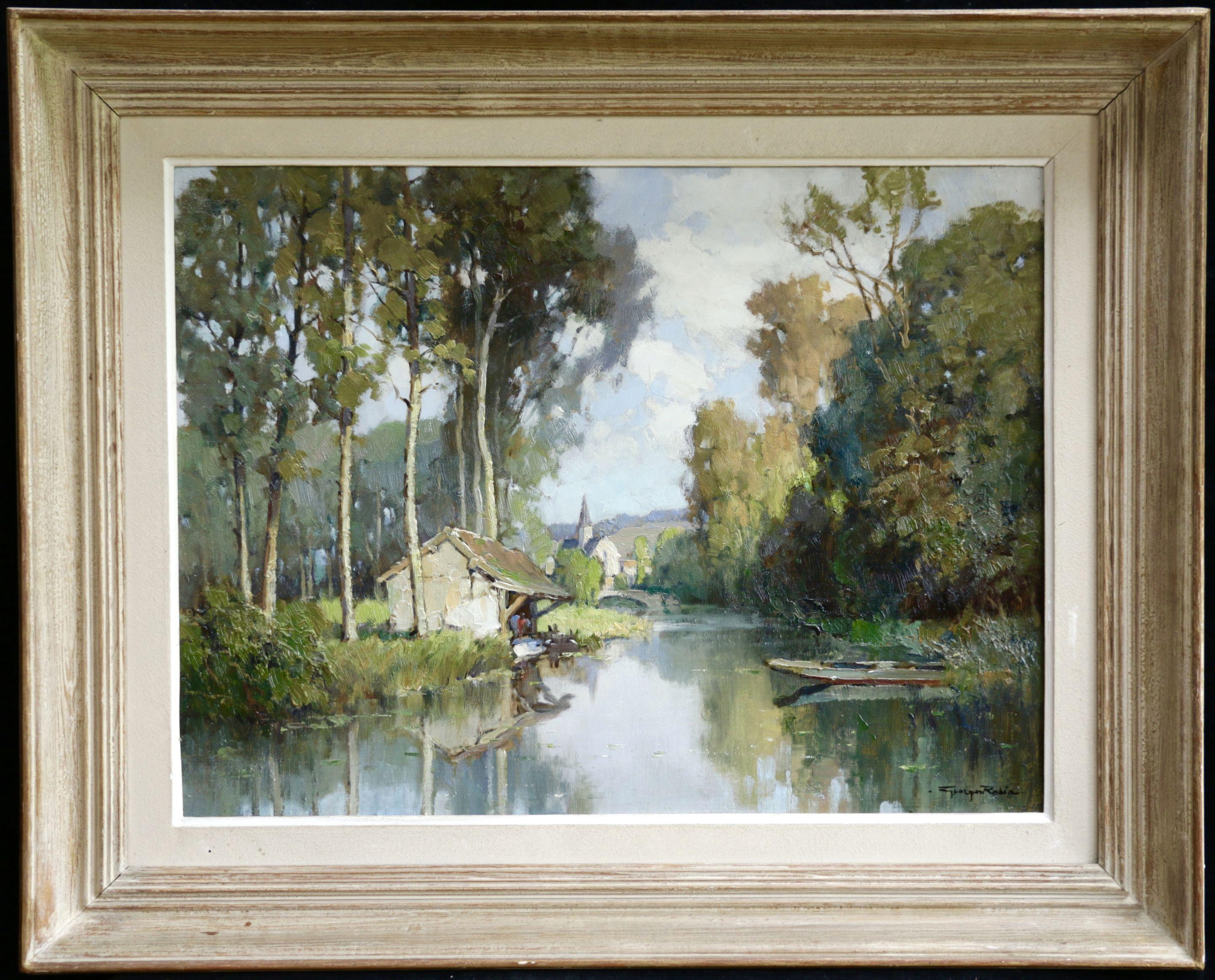 Lavoir sur L'Eure- 20th Century Oil, River & Trees in Landscape by Georges Robin - Painting by Georges Charles Robin