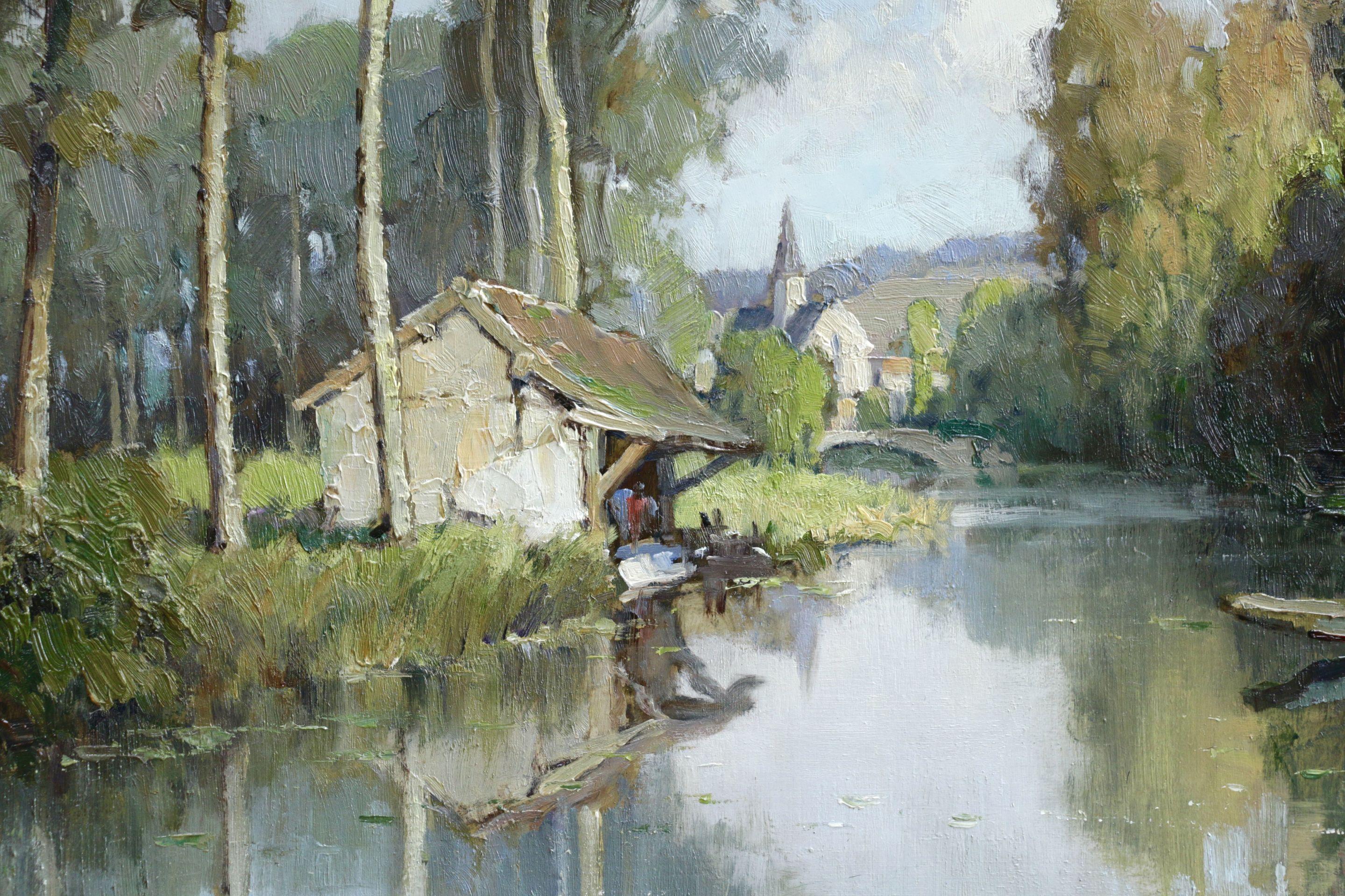 Lavoir sur L'Eure- 20th Century Oil, River & Trees in Landscape by Georges Robin - Post-Impressionist Painting by Georges Charles Robin