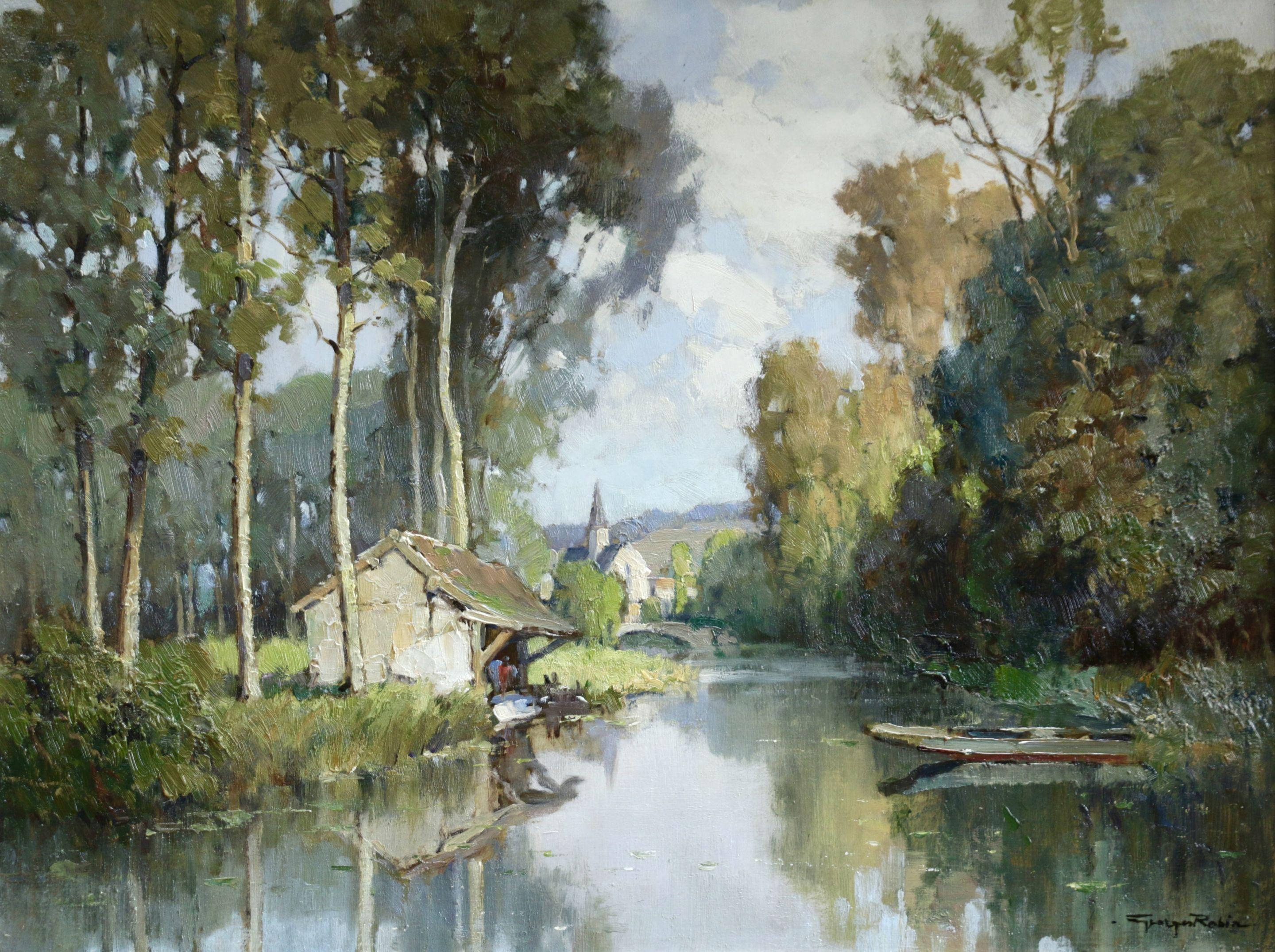 Georges Charles Robin Landscape Painting - Lavoir sur L'Eure- 20th Century Oil, River & Trees in Landscape by Georges Robin