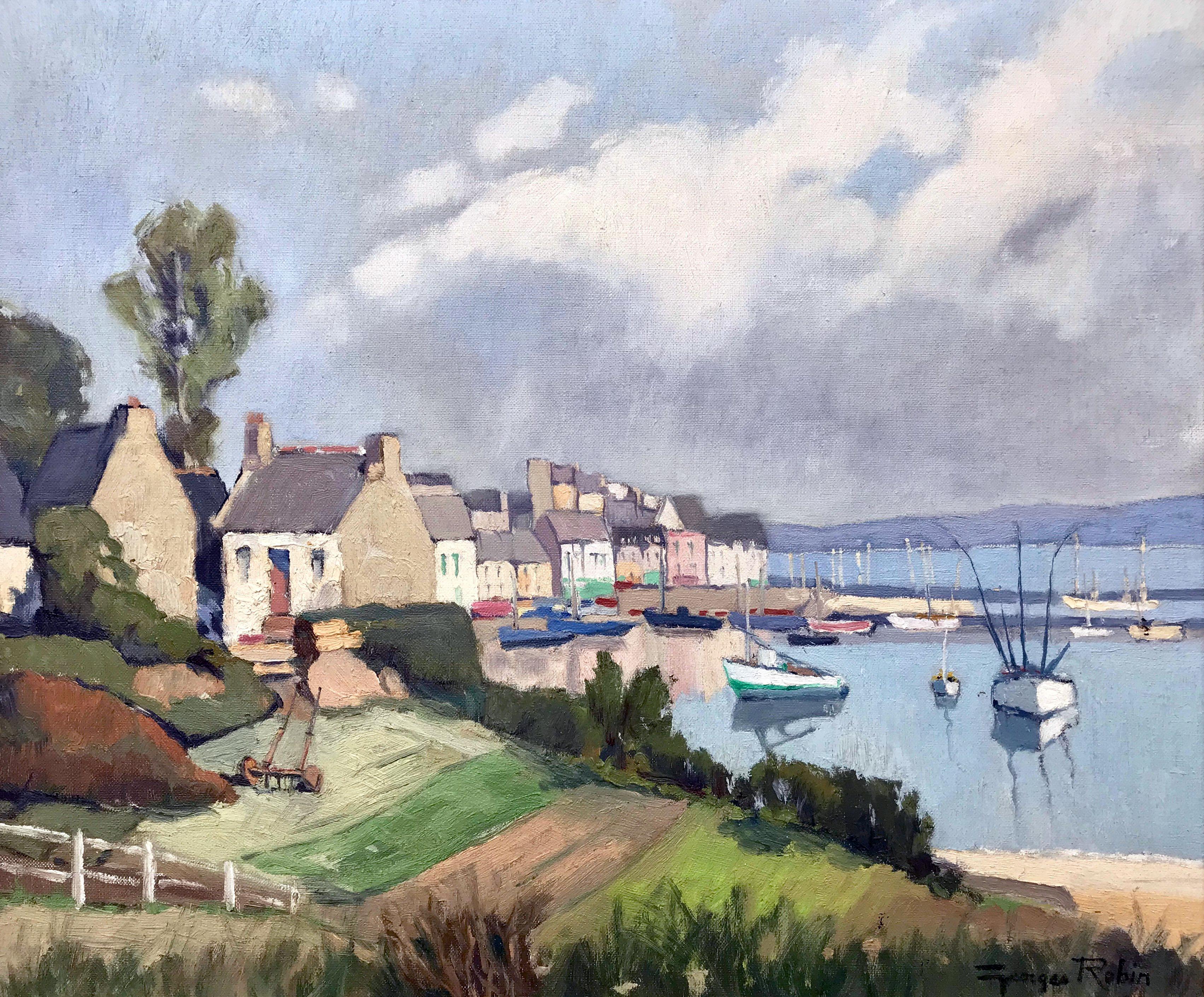 Pintura de la costa de Bretaña, Francia, por un paisajista impresionista francés moderno. Douarnenez, Bretaña, Francia, es un raro óleo original del galardonado artista postimpresionista francés George Charles Robin.

El arte mide 21,5 x 18