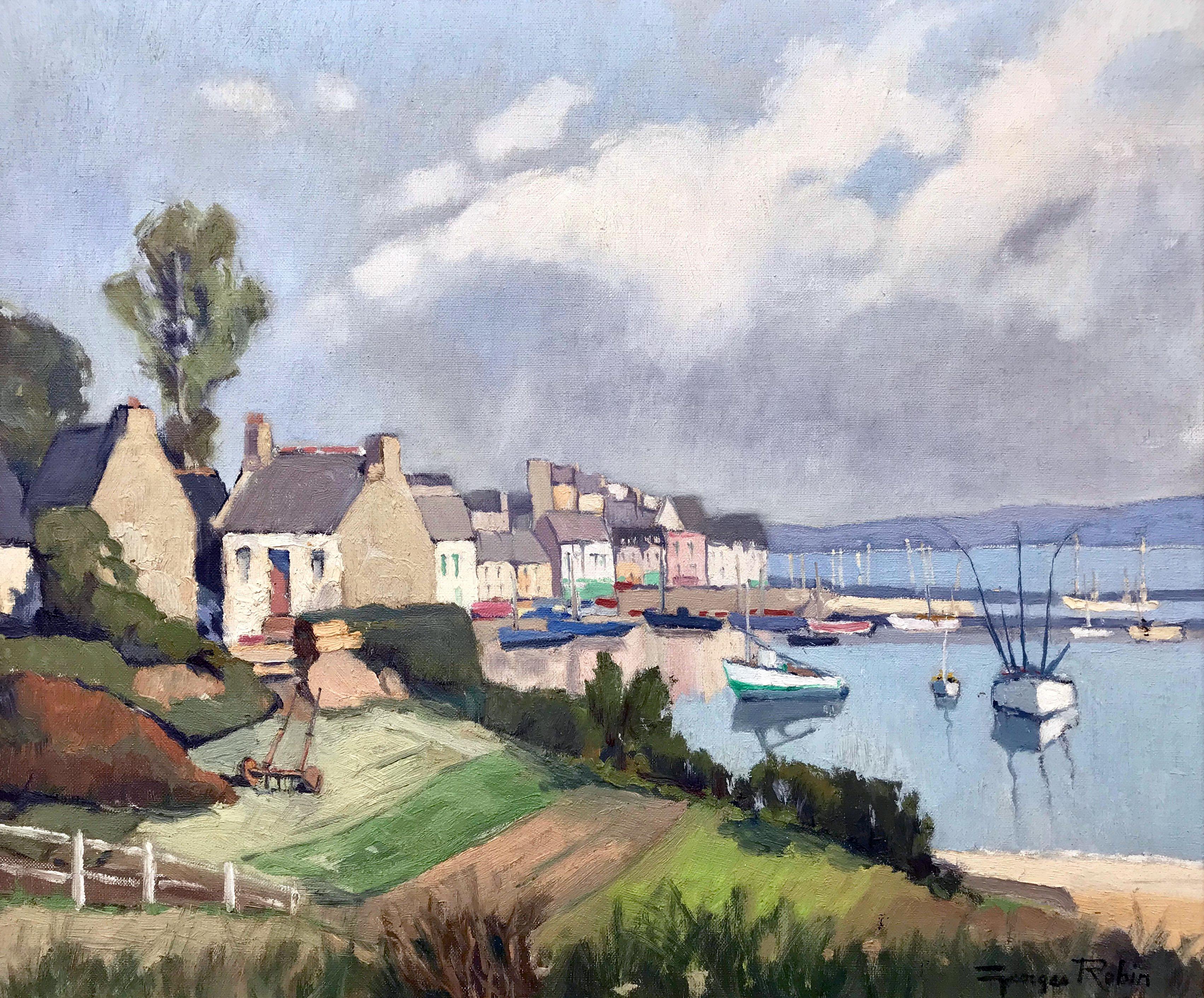 Peinture de la côte bretonne France par l'artiste paysagiste impressionniste français moderne. Douarnenez, Bretagne, France, est une rare peinture à l'huile originale de l'artiste post-impressionniste français primé George Charles Robin.

L'art