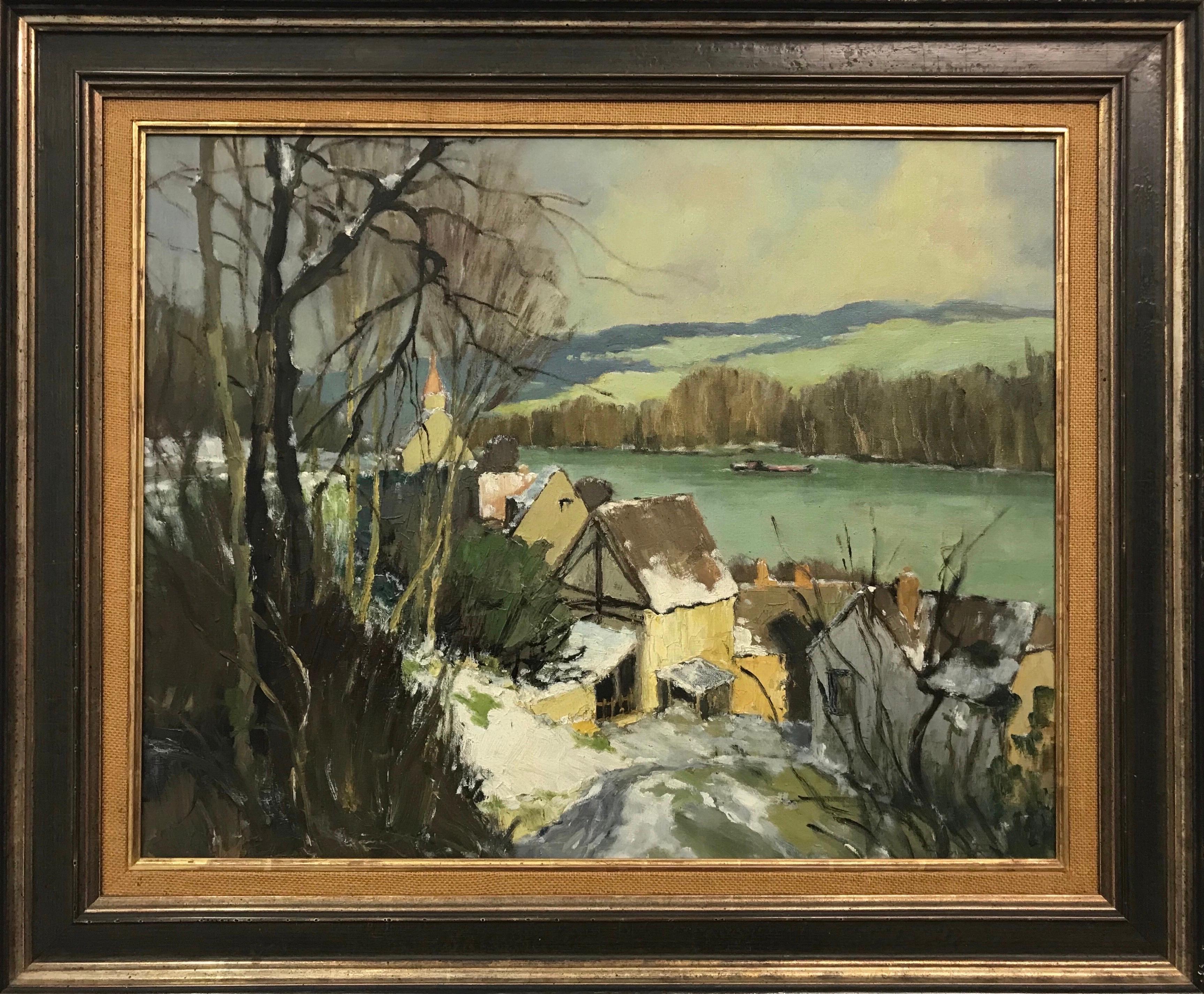 Georges Charles Robin Figurative Painting – Port-Villez Neige Original französische Landschaft Impressionistische Flusslandschaft Gemälde