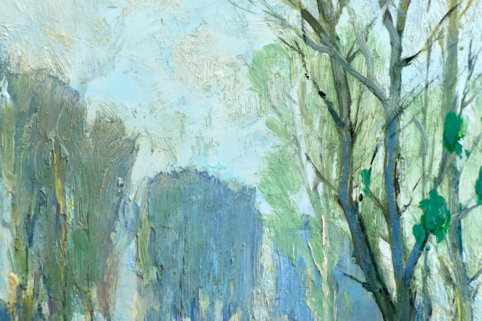 Printemps sur le Fusain - Environs de Chateau-Landon - Riverscape Oil by G Robin - Gray Landscape Painting by Georges Charles Robin