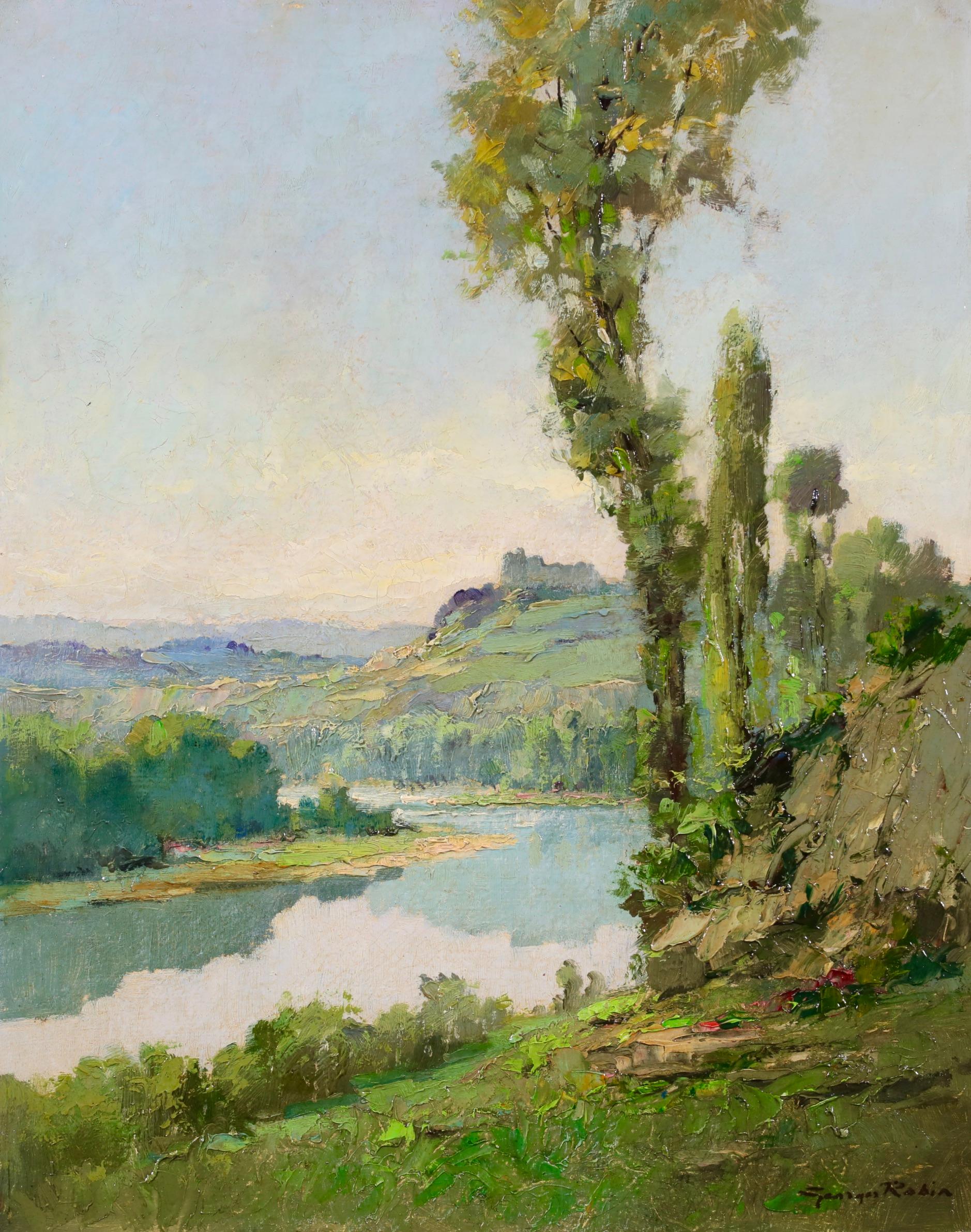Vue de Dordogne - Post Impressionist Landscape Oil Painting by Charles Robin - Brown Still-Life Painting by Georges Charles Robin