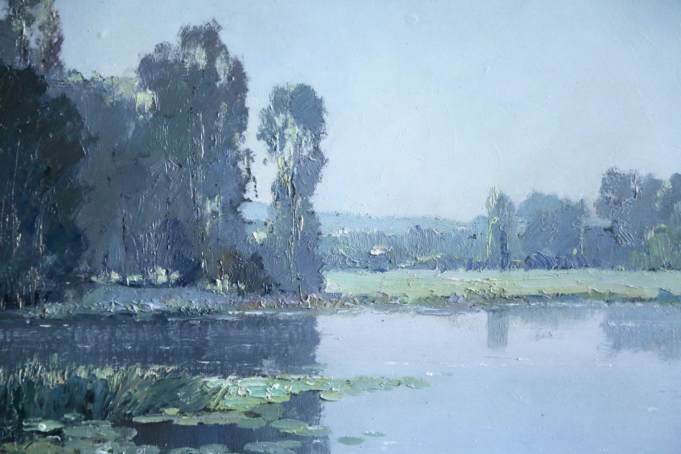 Water Lilies - 20th Century Oil, Trees by a Lake Landscape by Georges Robin (Post-Impressionismus), Painting, von Georges Charles Robin