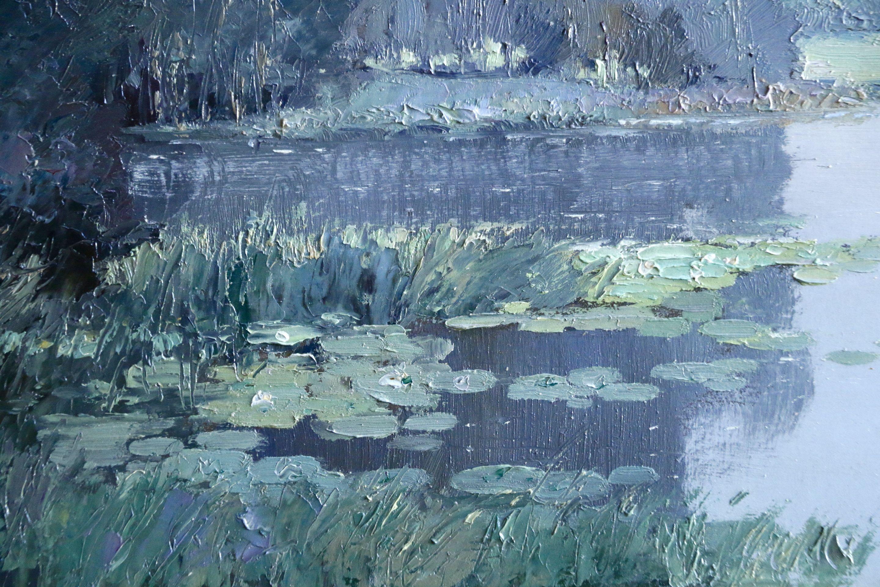 Water Lilies - 20th Century Oil, Trees by a Lake Landscape by Georges Robin 1