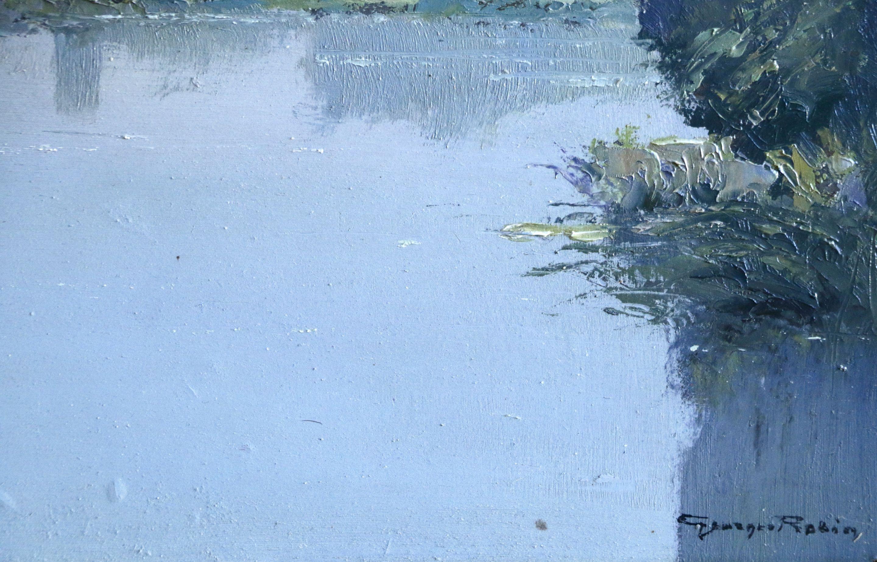 Water Lilies - 20th Century Oil, Trees by a Lake Landscape by Georges Robin 2