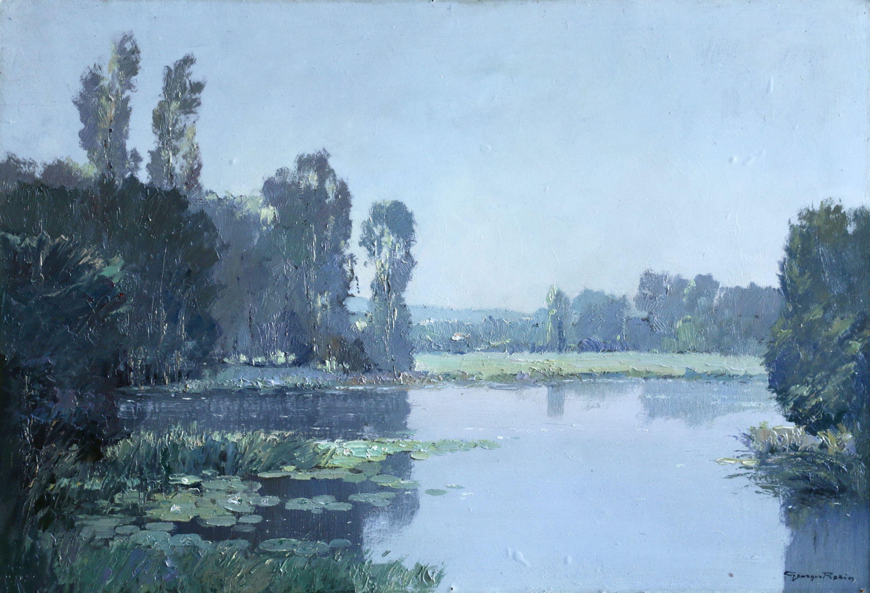 Water Lilies - 20th Century Oil, Trees by a Lake Landscape by Georges Robin – Painting von Georges Charles Robin