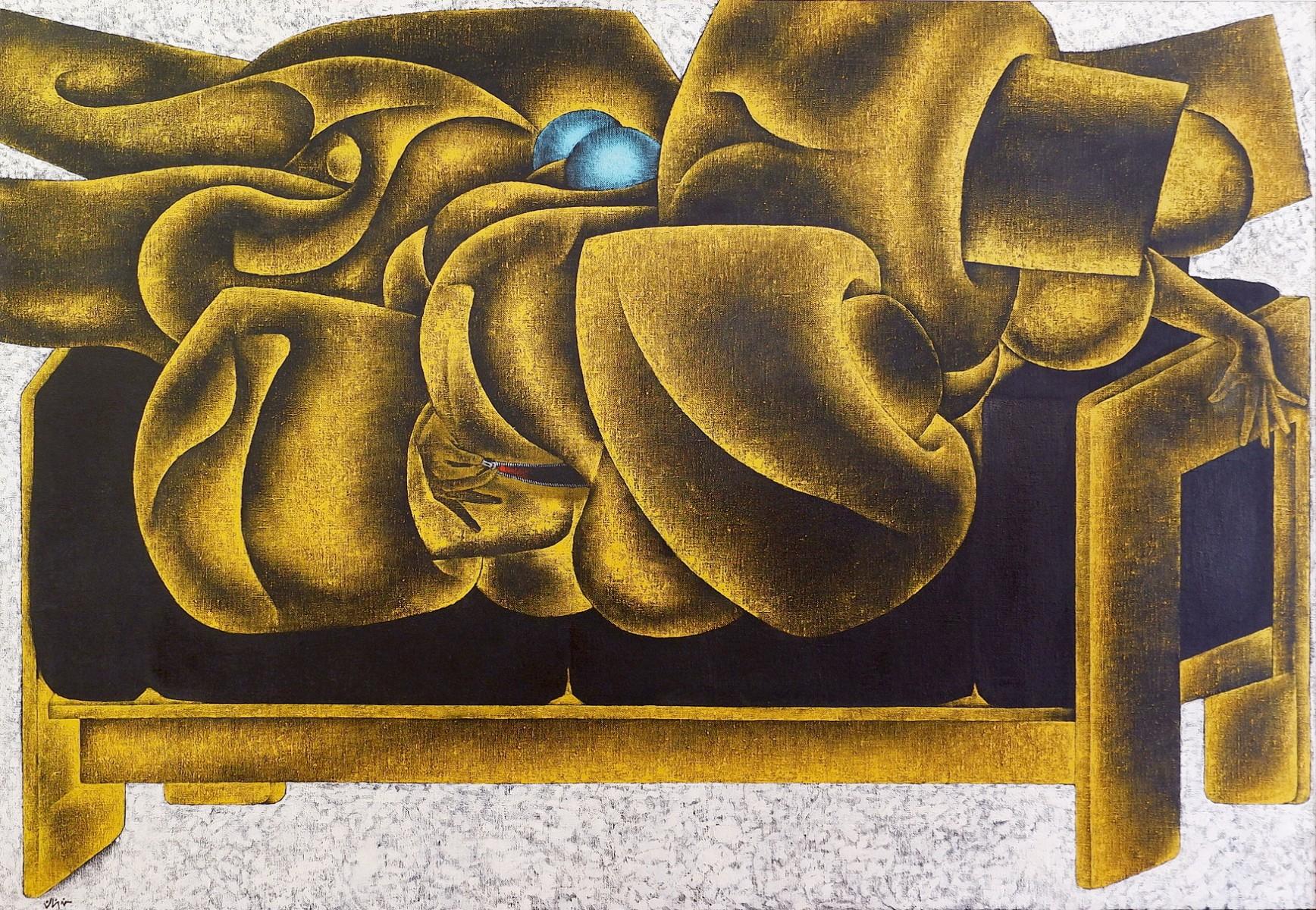 Black and gold. 
A person with strange shapes sits on a Gavina (sofa with particular form) and opens his zipper.
Beautiful contrast of colors black and gold. The general form is geometric. 
By Collignon while his neo-figurative period