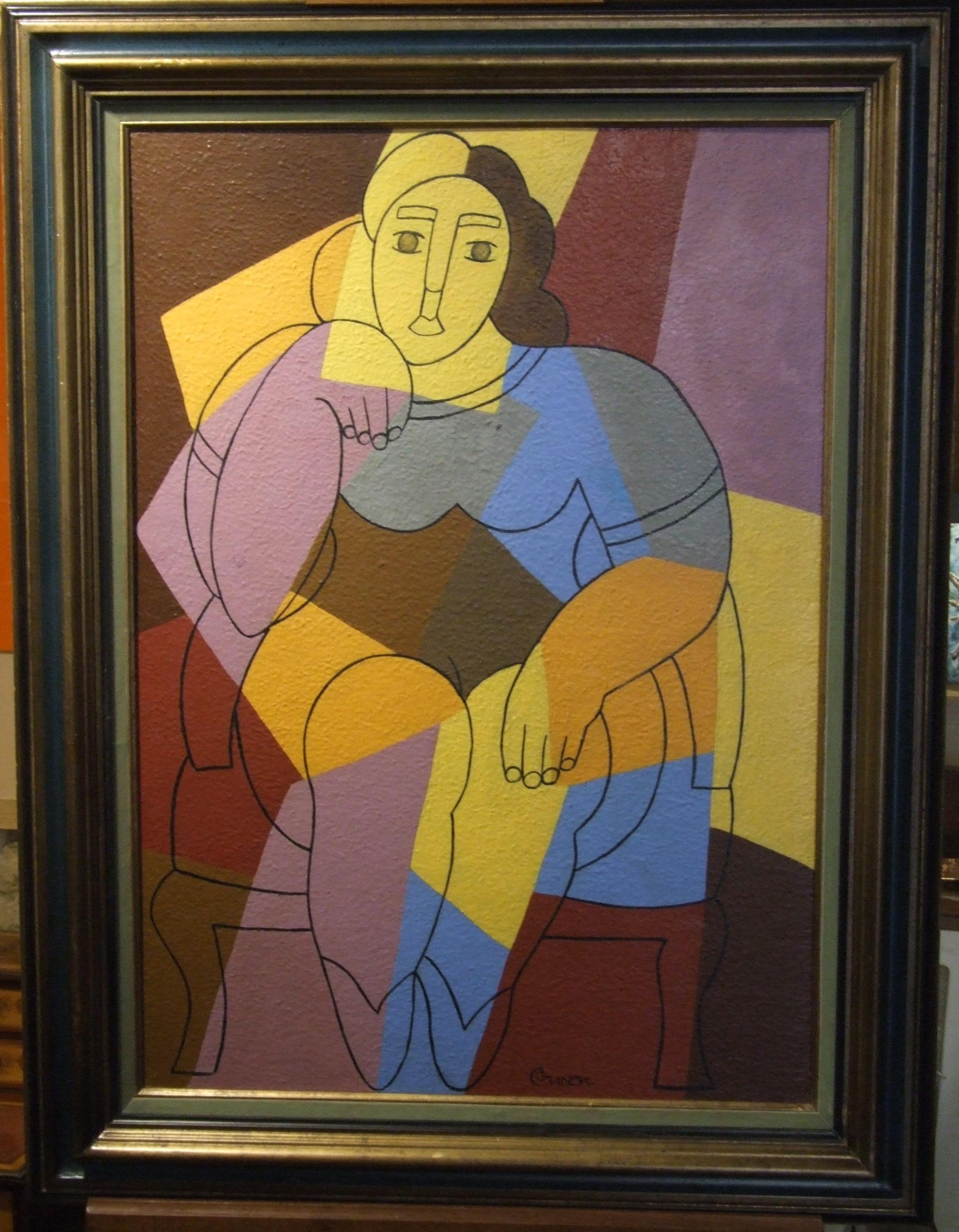 Georges Connan Figurative Painting - Sitting woman - Acrylic , 65x92 cm. framed