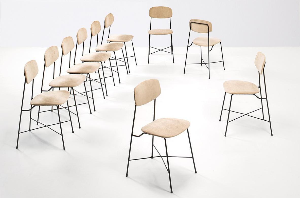 English Georges Coslin's rare set of ten chairs in iron and fabric upholstery. For Sale