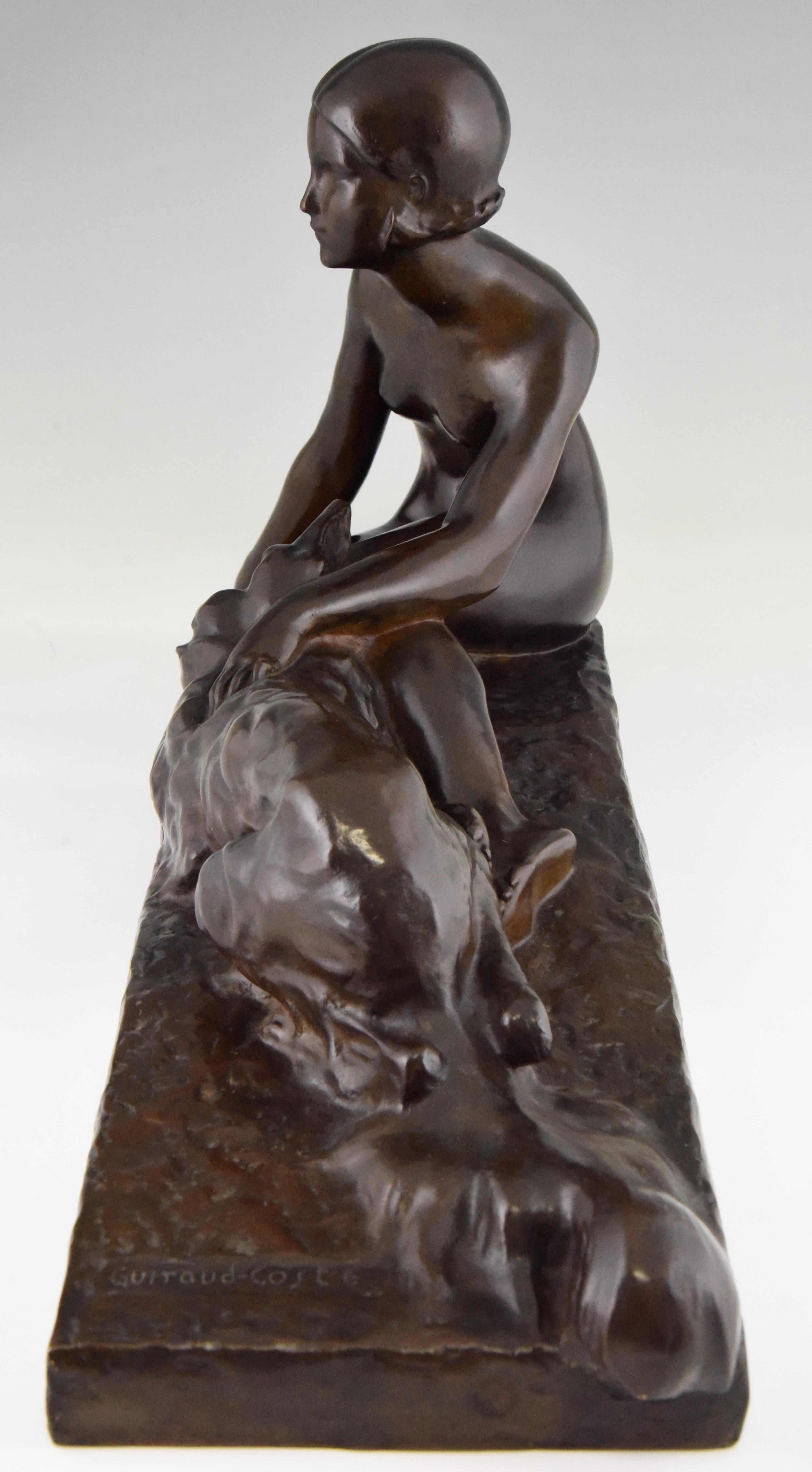 French Georges Coste Art Deco Bronze of Woman with Borzoi