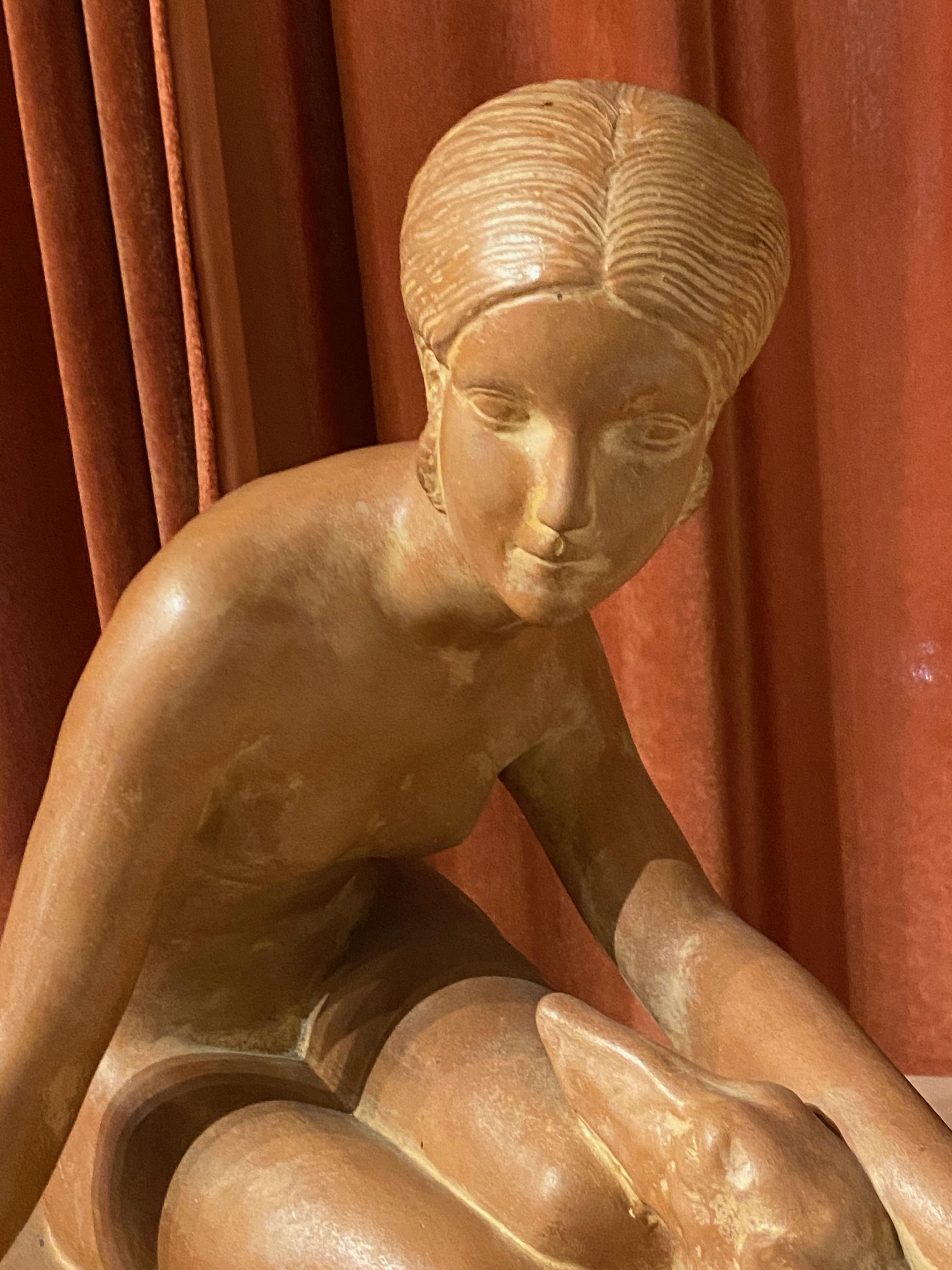 Mid-20th Century Georges Coste Art Deco Terracotta of Woman with Borzoi