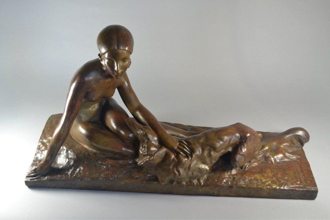 Art Deco Georges Coste Large art deco bronze sculpture. Lady with borzoi