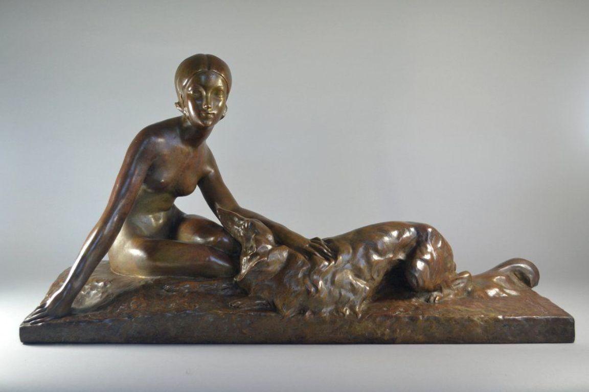 French Georges Coste Large art deco bronze sculpture. Lady with borzoi