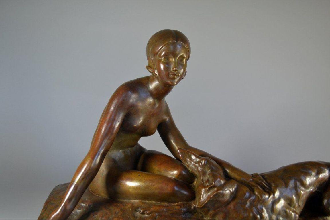 Georges Coste Large art deco bronze sculpture. Lady with borzoi In Excellent Condition In Barjols, FR