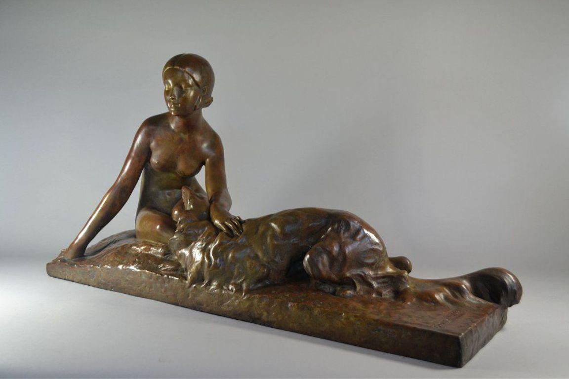 Mid-20th Century Georges Coste Large art deco bronze sculpture. Lady with borzoi