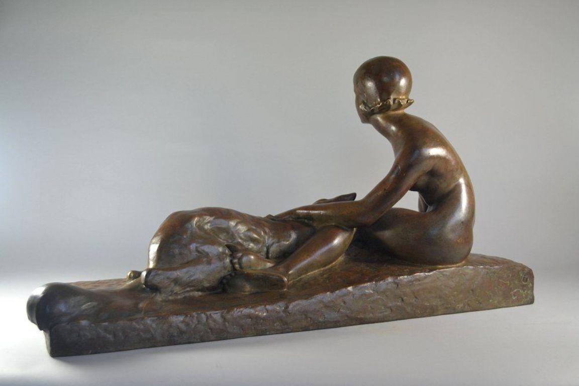Bronze Georges Coste Large art deco bronze sculpture. Lady with borzoi