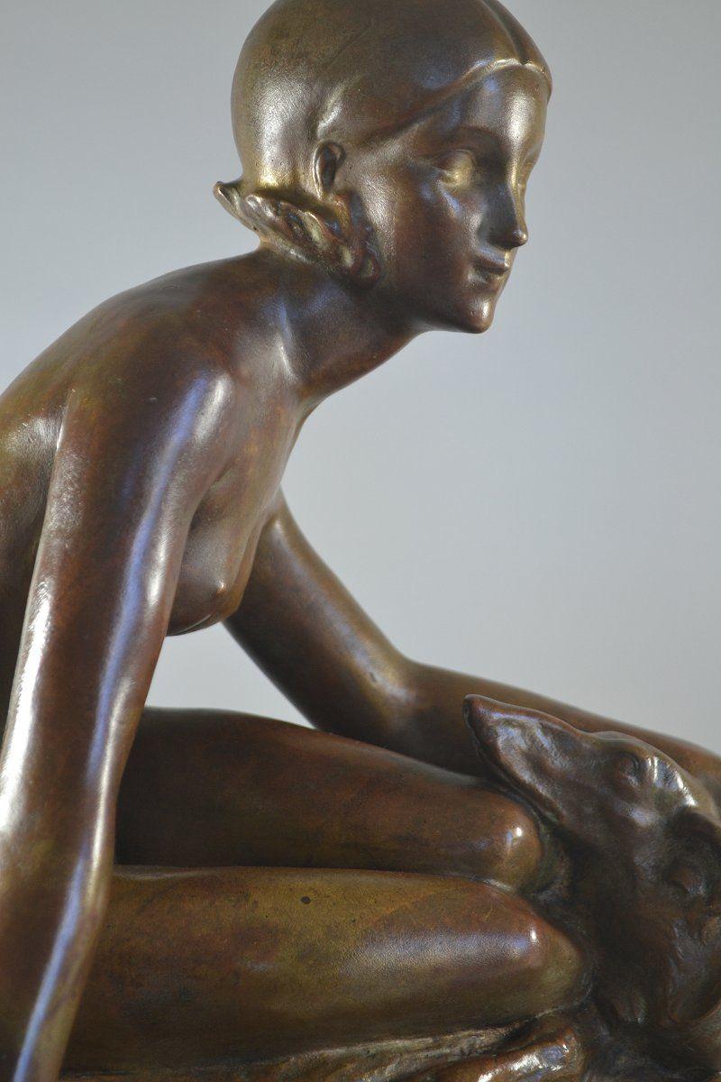 Georges Coste Large art deco bronze sculpture. Lady with borzoi 2
