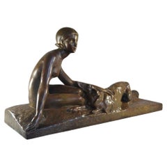 Georges Coste Large art deco bronze sculpture. Lady with borzoi