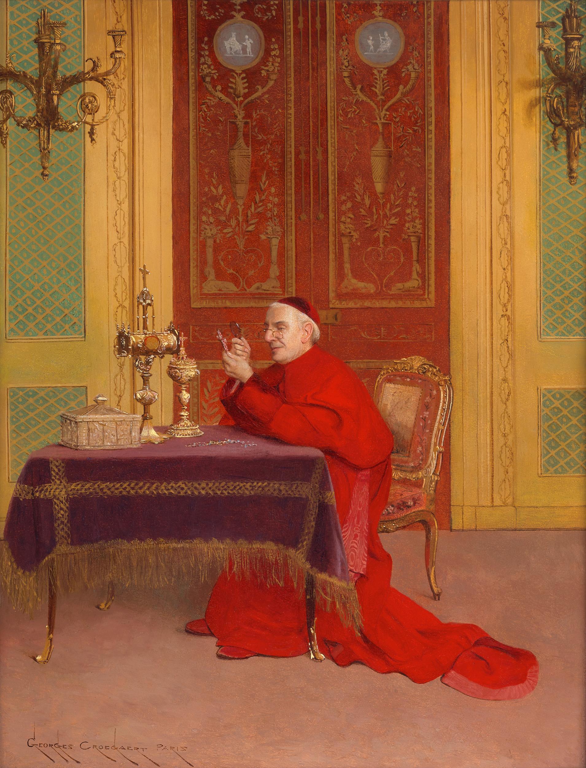 Georges Croegaert
1848-1923  Belgian

The Connoisseur

Signed "Georges Croegaert Paris" (lower right)
Oil on panel

A Cardinal peers through a magnifying glass at gilded treasures in this exceptional oil on panel by Belgian artist Georges Croegaert.