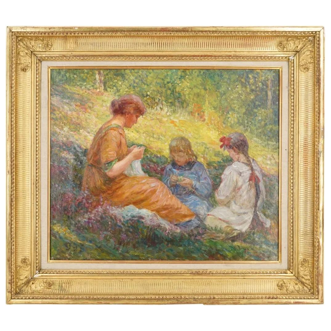 Young women sewing in the garden - Painting by Georges D Espagnat