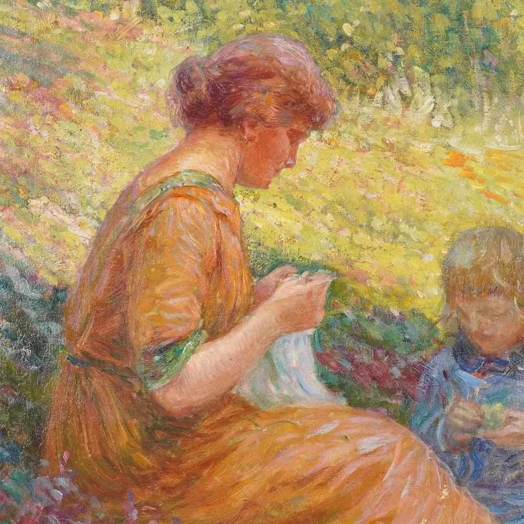 Young women sewing in the garden - Brown Portrait Painting by Georges D Espagnat