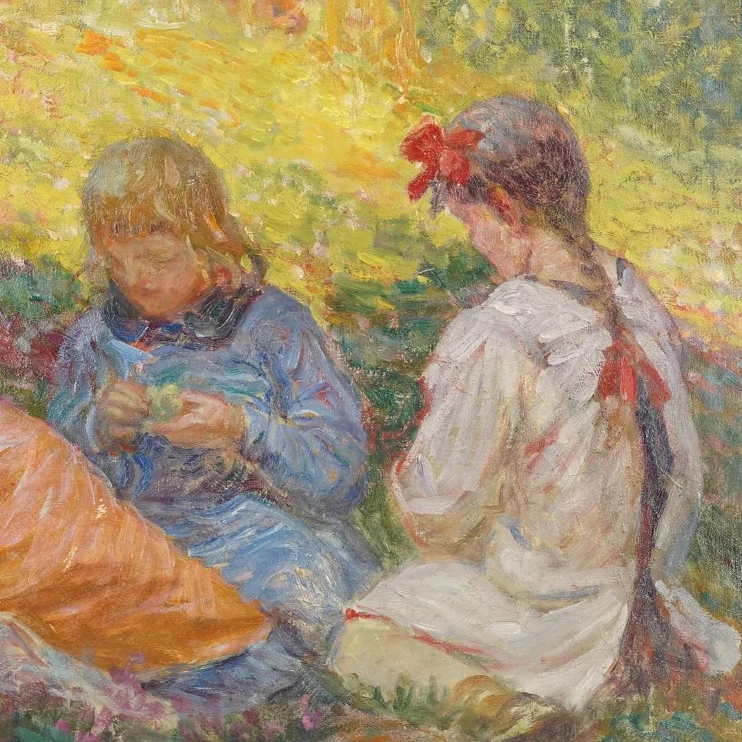 Young women sewing in the garden For Sale 1