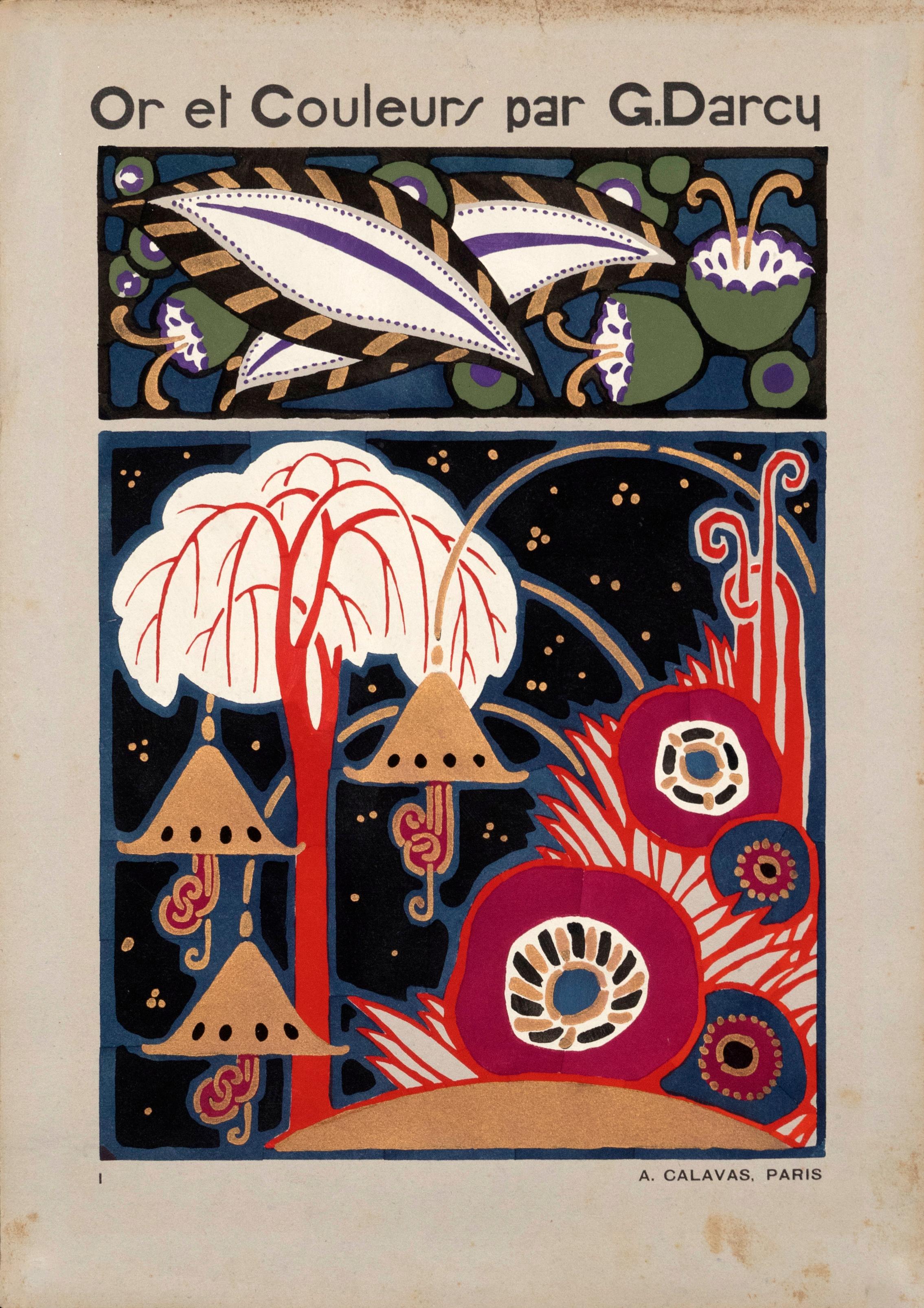 Abstract Print di Georges Darcy  - "Or et Couleurs par G. Darcy" Stampa pochoir francese Art Deco originale d'epoca