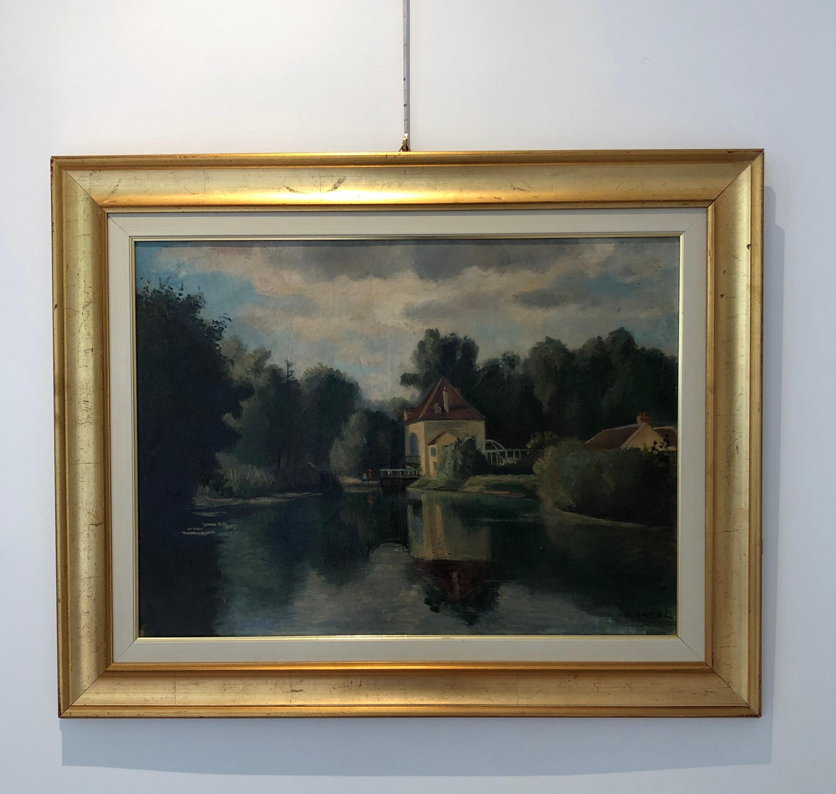 Animated landscape on the banks of the Seine - Painting by Georges Darel