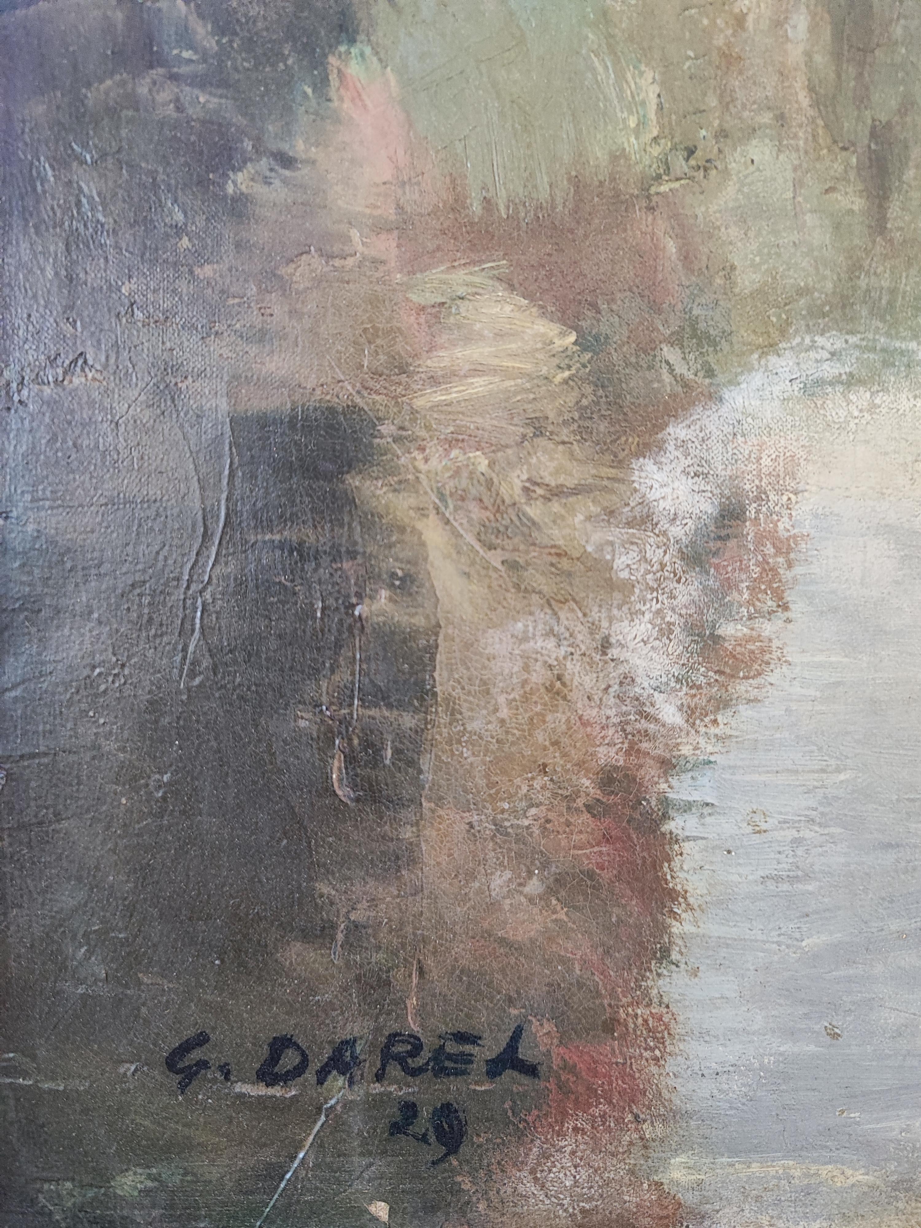 Fisherman on the banks of the Arve - Black Landscape Painting by Georges Darel
